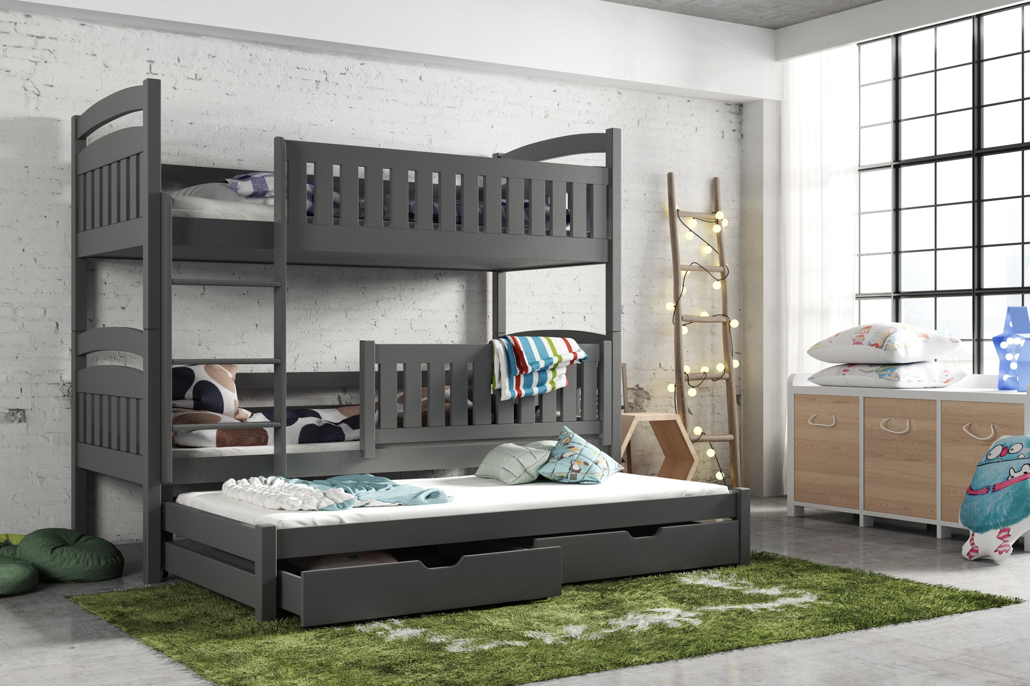 View Wooden Bunk Bed Blanka with Trundle and Storage Graphite Without Mattresses information