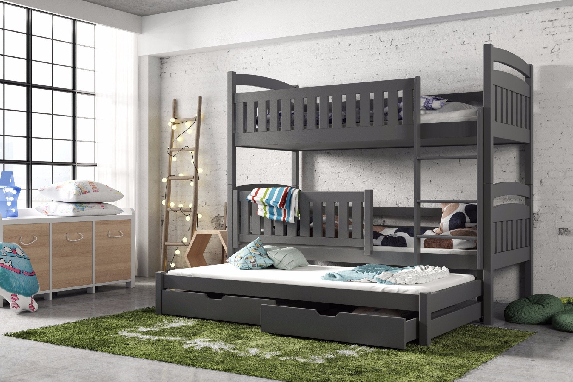 View Wooden Bunk Bed Blanka with Trundle and Storage Graphite Foam Mattresses information
