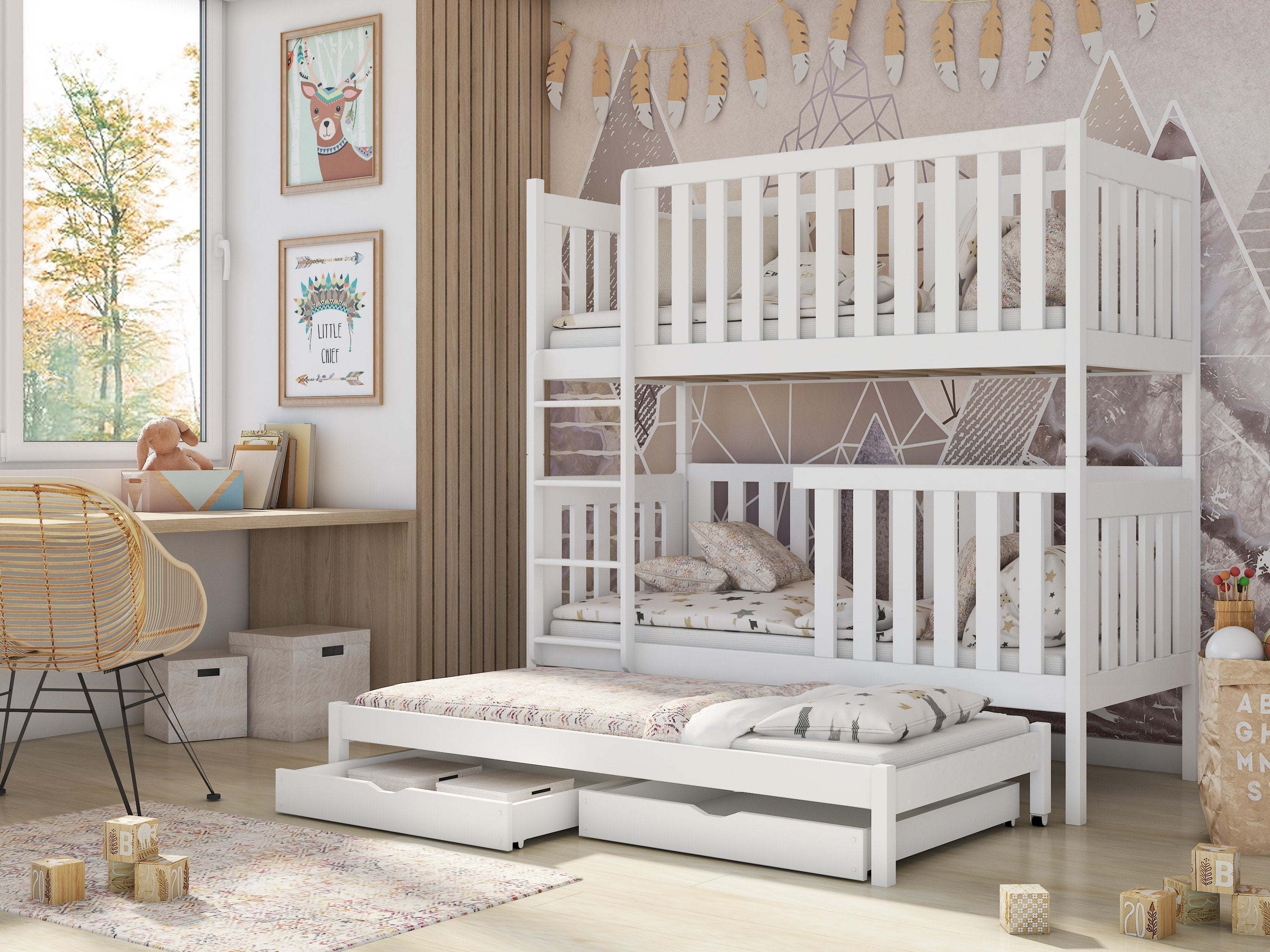View Wooden Bunk Bed Emily with Trundle and Storage White Matt Foam Mattresses information