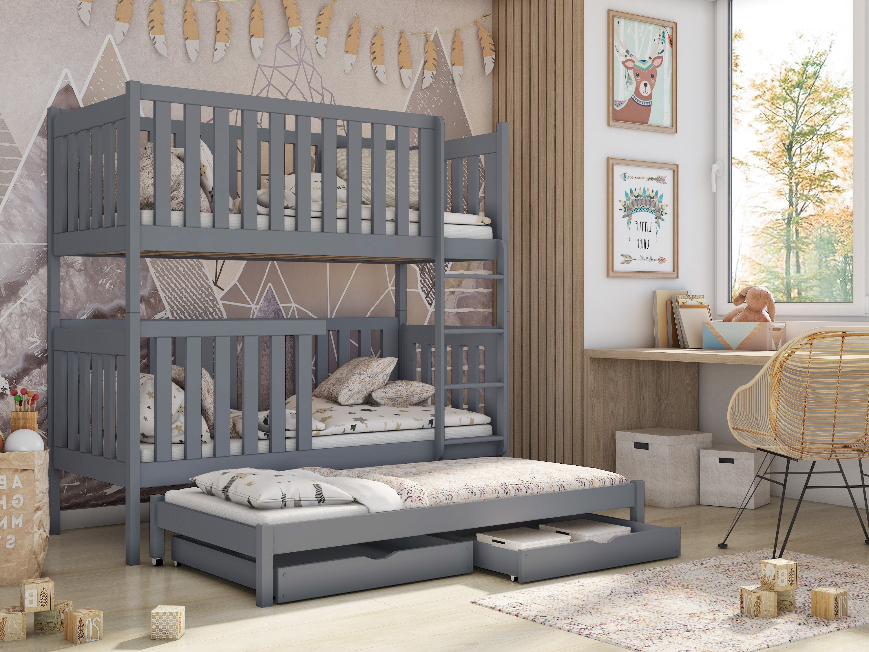 View Wooden Bunk Bed Emily with Trundle and Storage Grey Matt Without Mattresses information