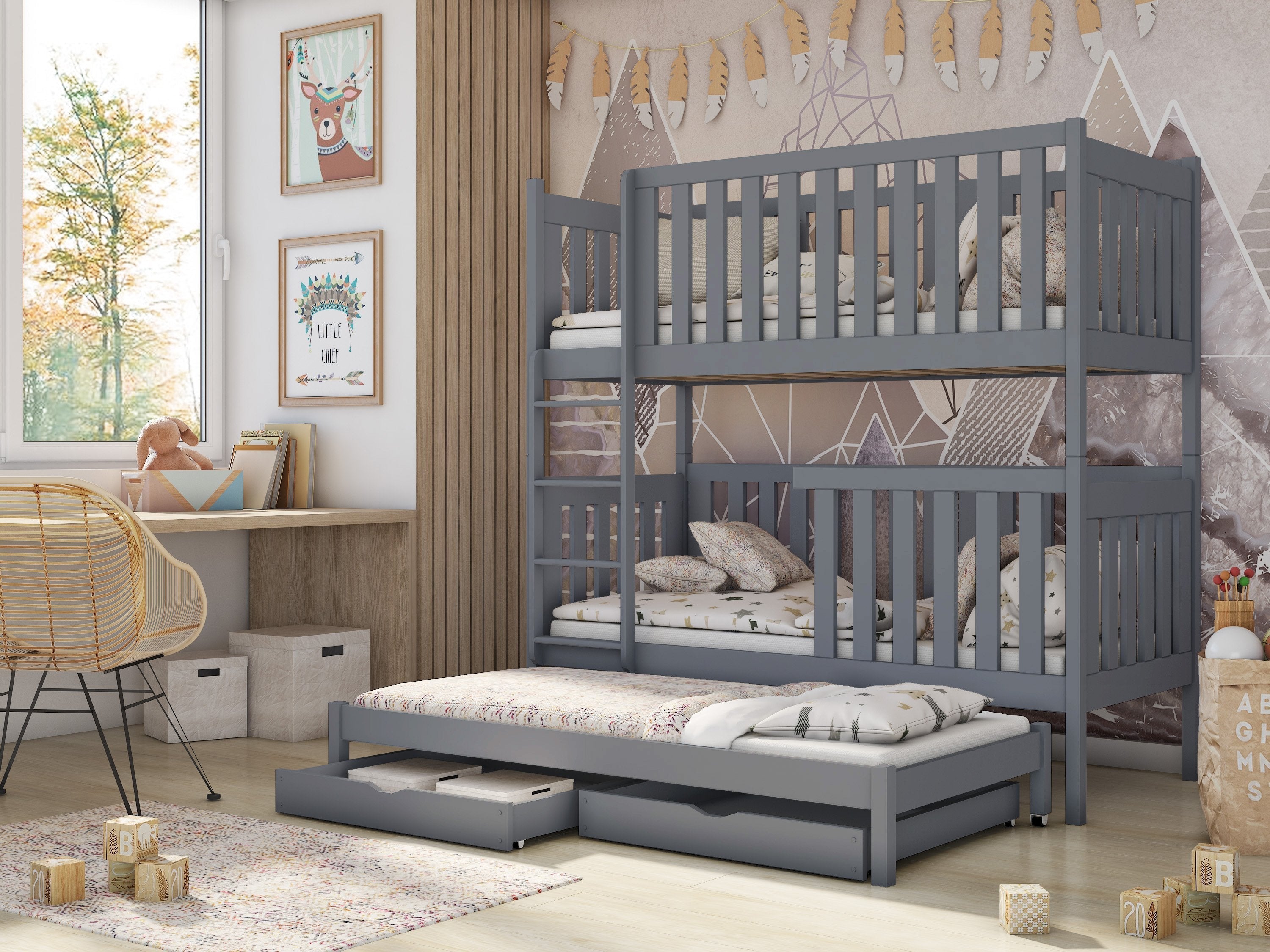View Wooden Bunk Bed Emily with Trundle and Storage Grey Matt Foam Mattresses information