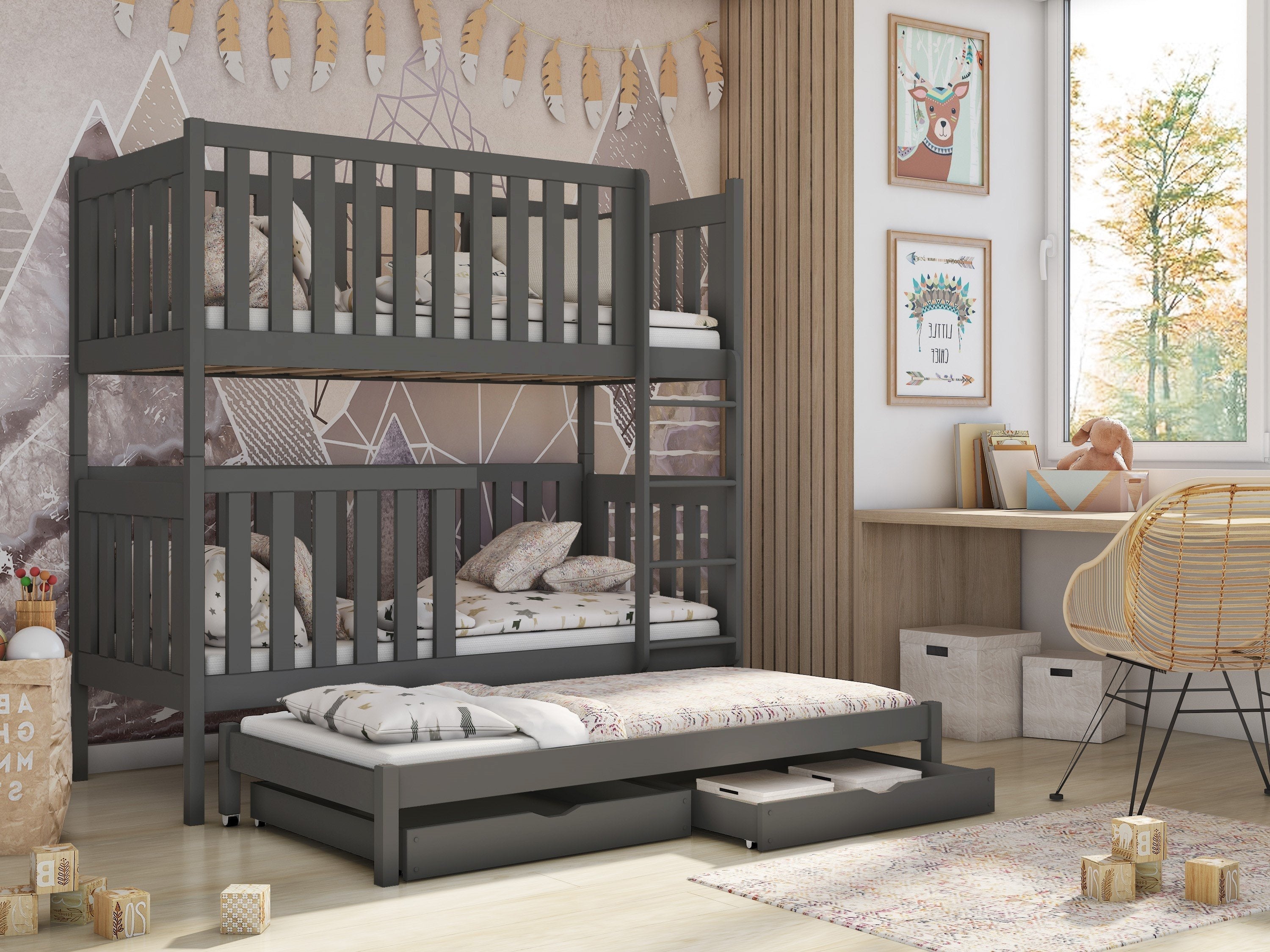 View Wooden Bunk Bed Emily with Trundle and Storage Graphite Without Mattresses information