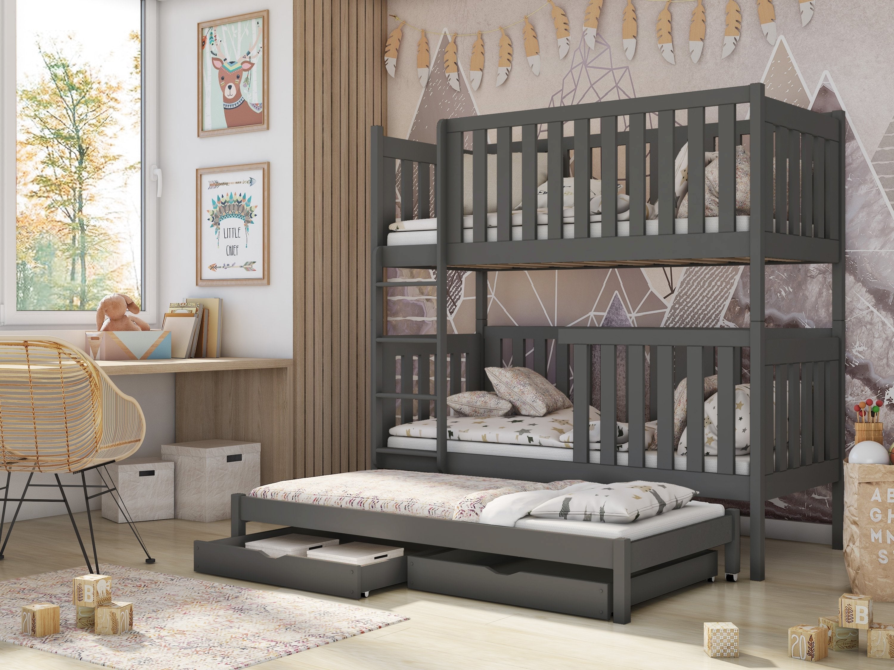 View Wooden Bunk Bed Emily with Trundle and Storage Graphite Foam Mattresses information