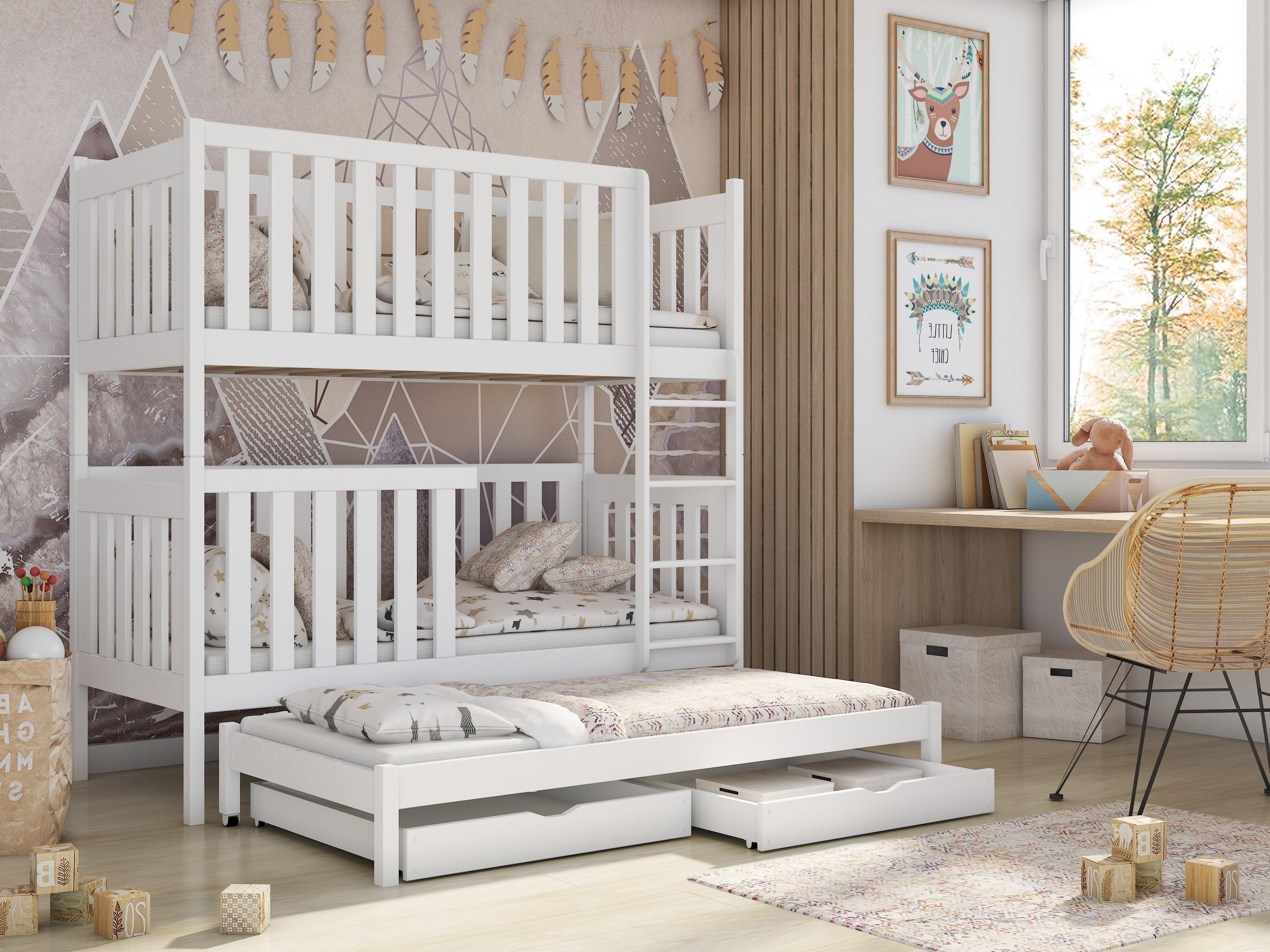 View Wooden Bunk Bed Emily with Trundle and Storage White Matt Without Mattresses information