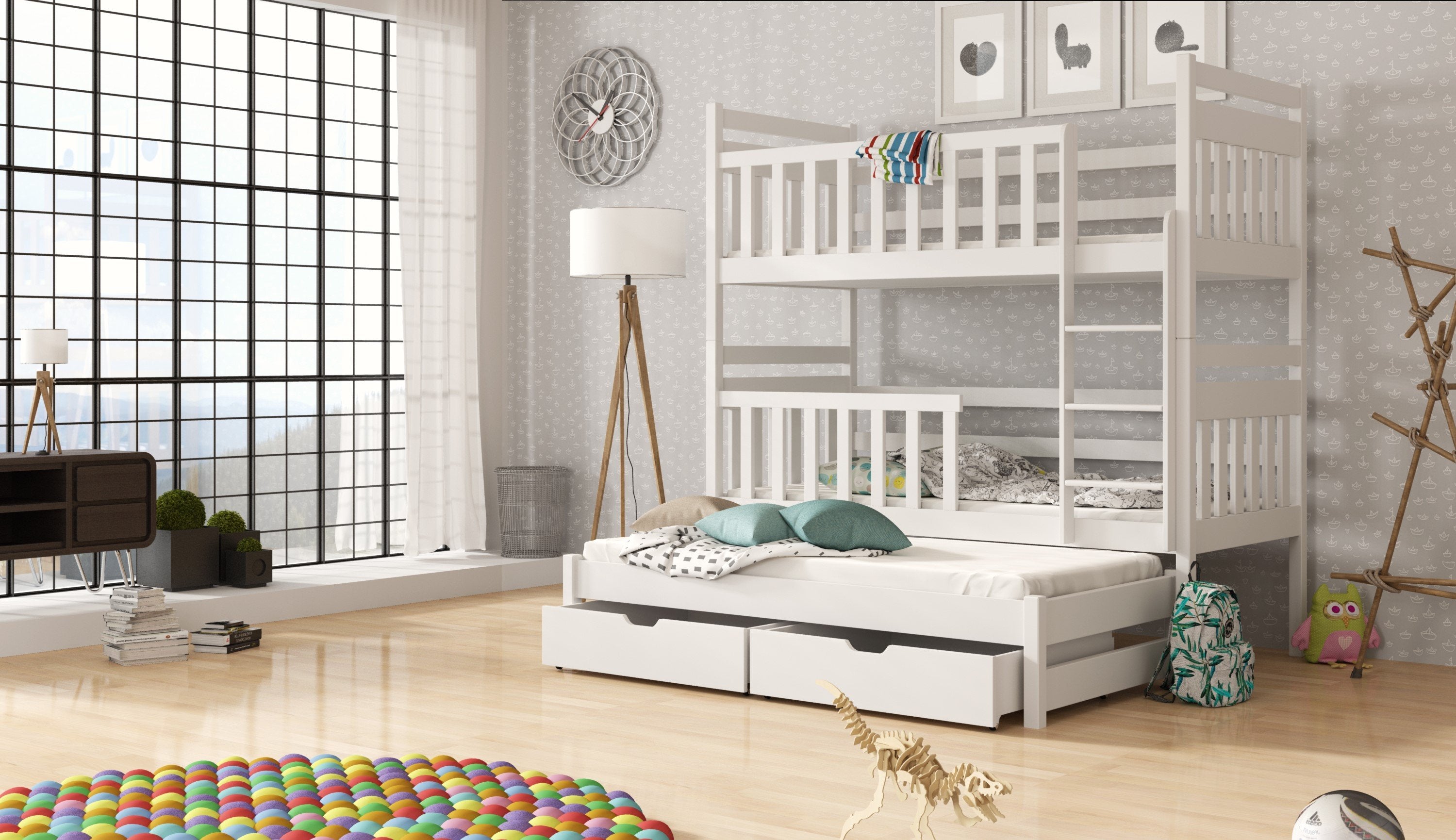 View Wooden Bunk Bed Klara with Trundle and Storage White Matt Foam Mattresses information