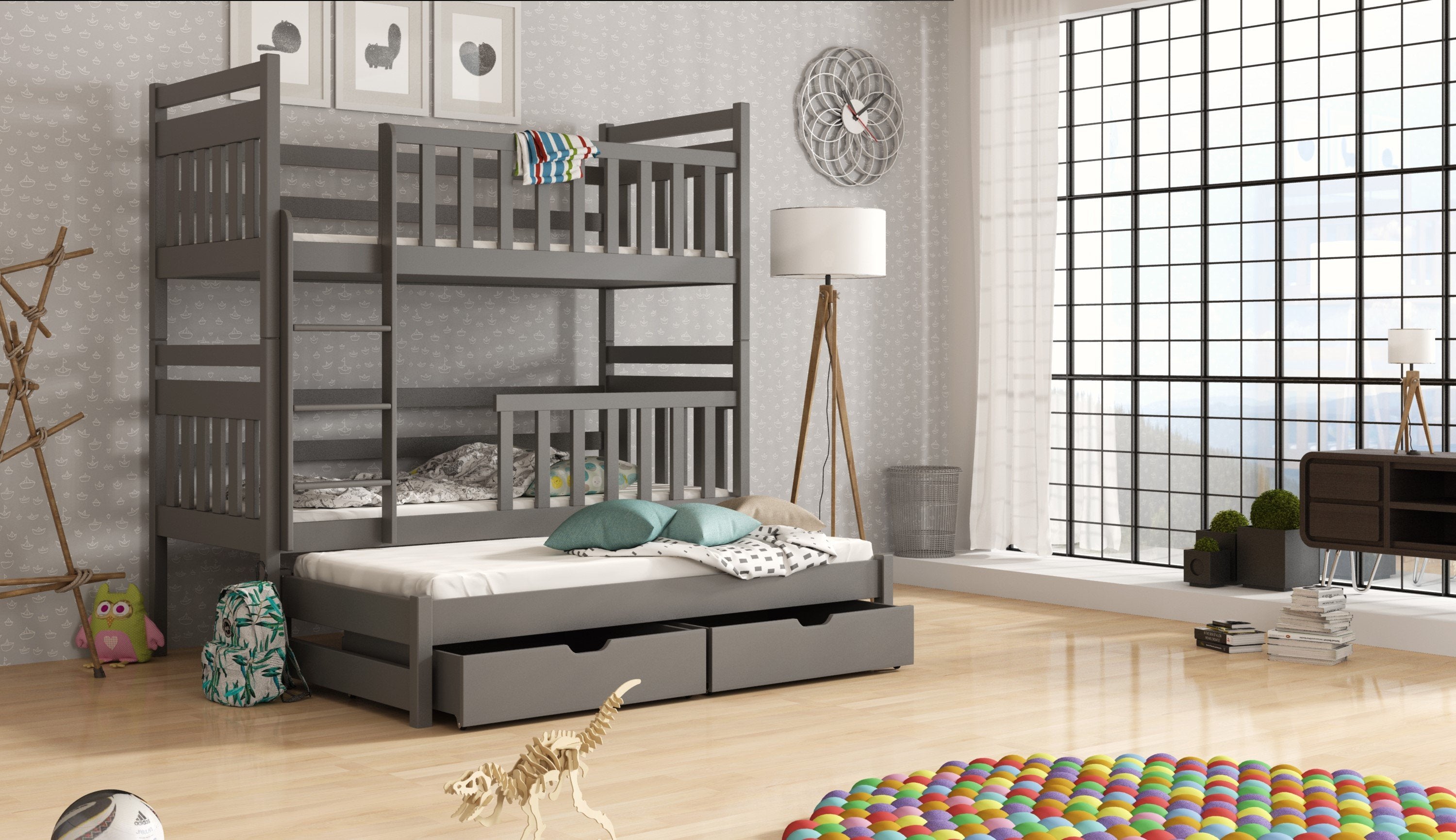 View Wooden Bunk Bed Klara with Trundle and Storage Graphite FoamBonnell Mattresses information