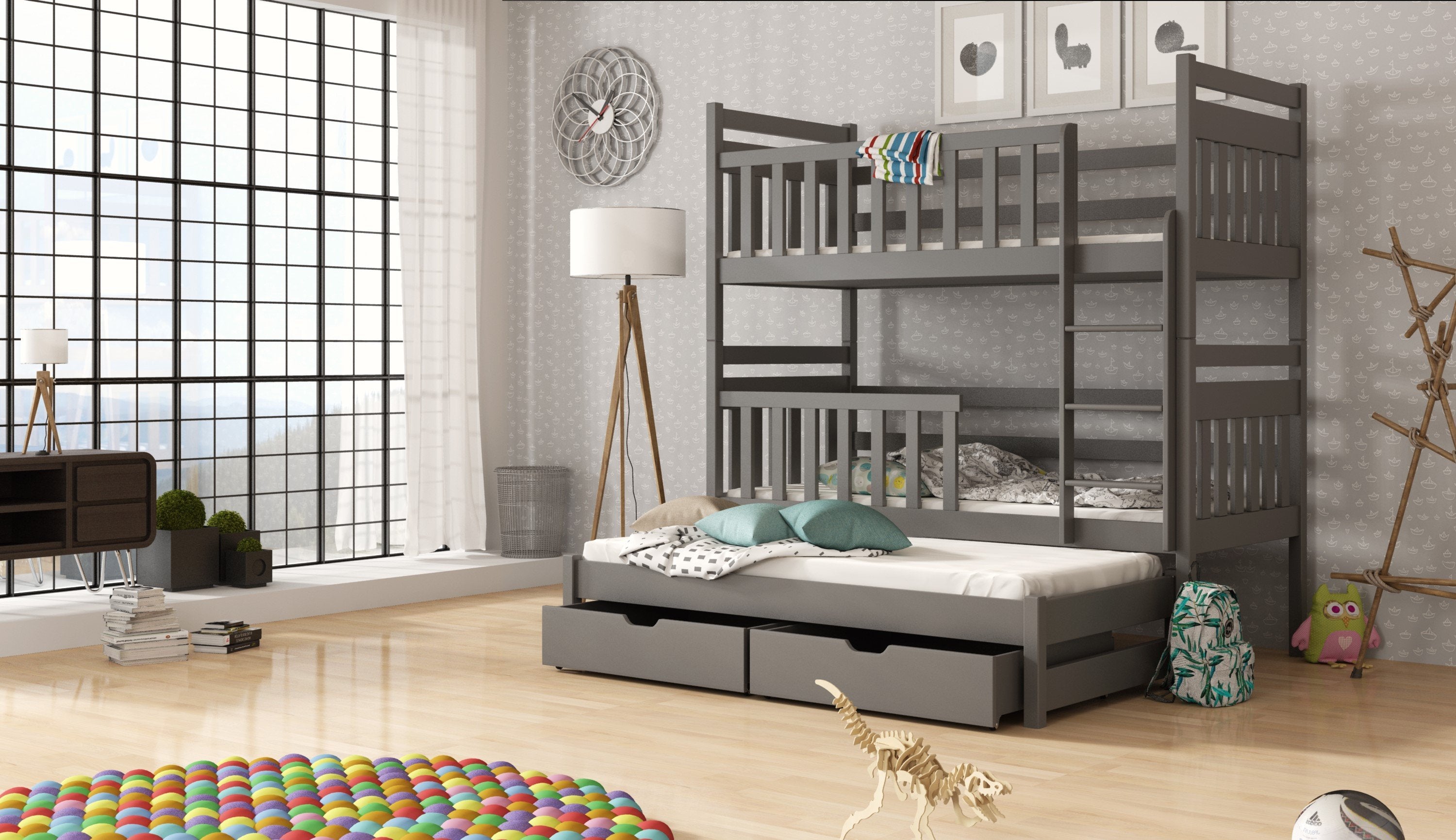 View Wooden Bunk Bed Klara with Trundle and Storage Graphite Foam Mattresses information