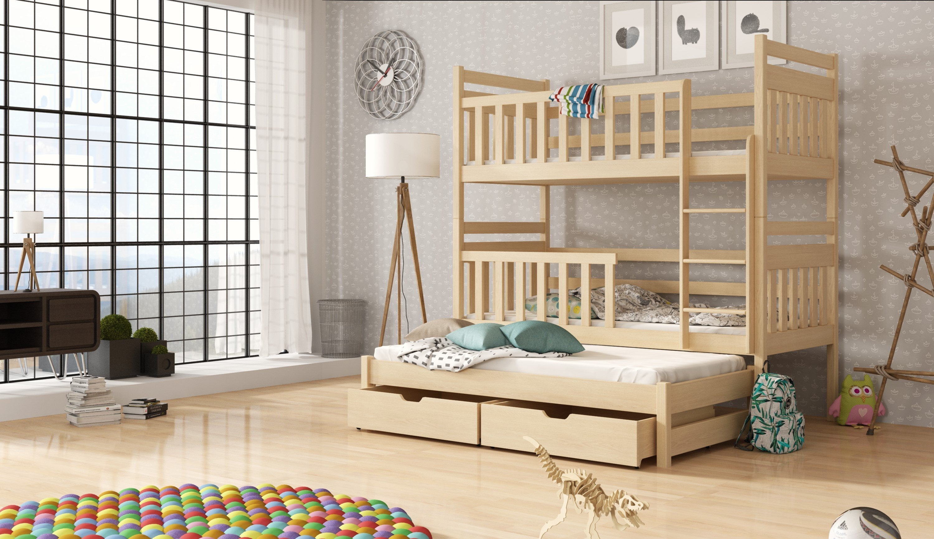 View Wooden Bunk Bed Klara with Trundle and Storage Pine Foam Mattresses information