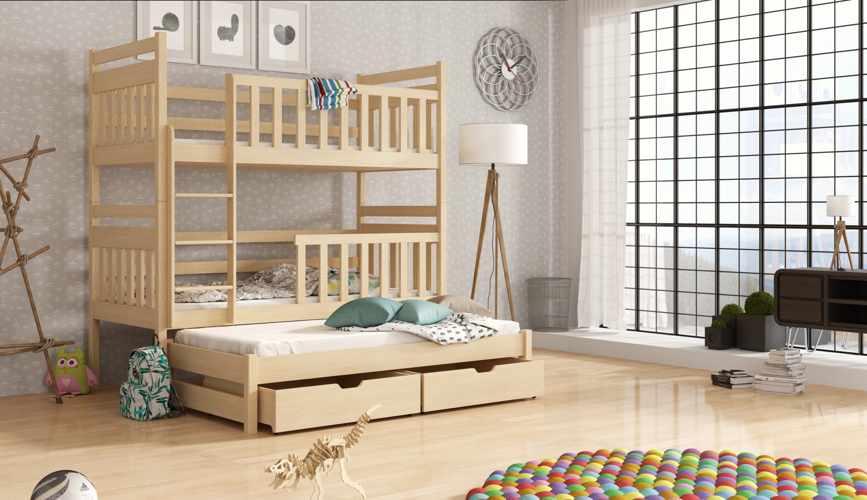 View Wooden Bunk Bed Klara with Trundle and Storage Pine Without Mattresses information