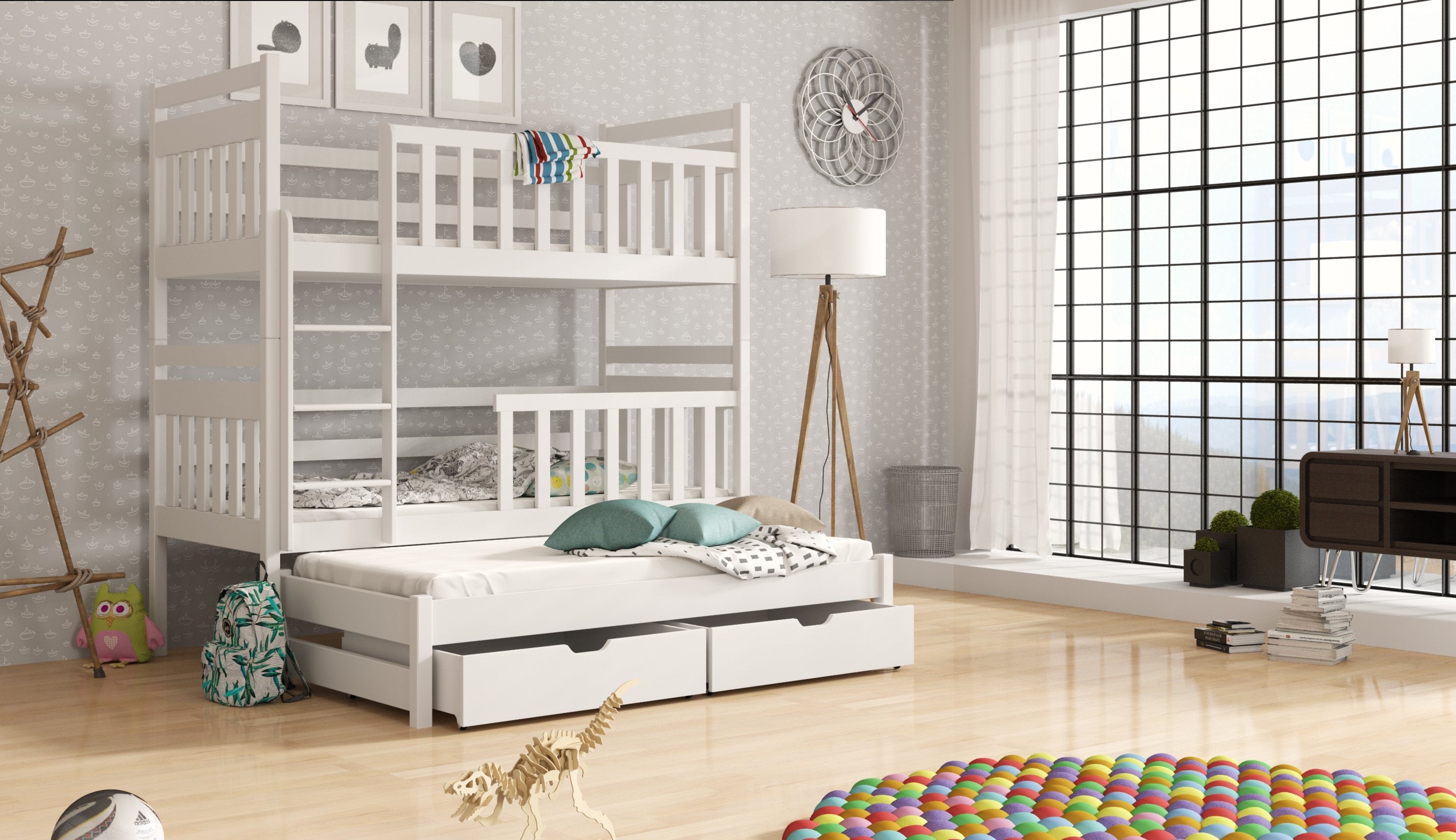 View Wooden Bunk Bed Klara with Trundle and Storage White Matt FoamBonnell Mattresses information