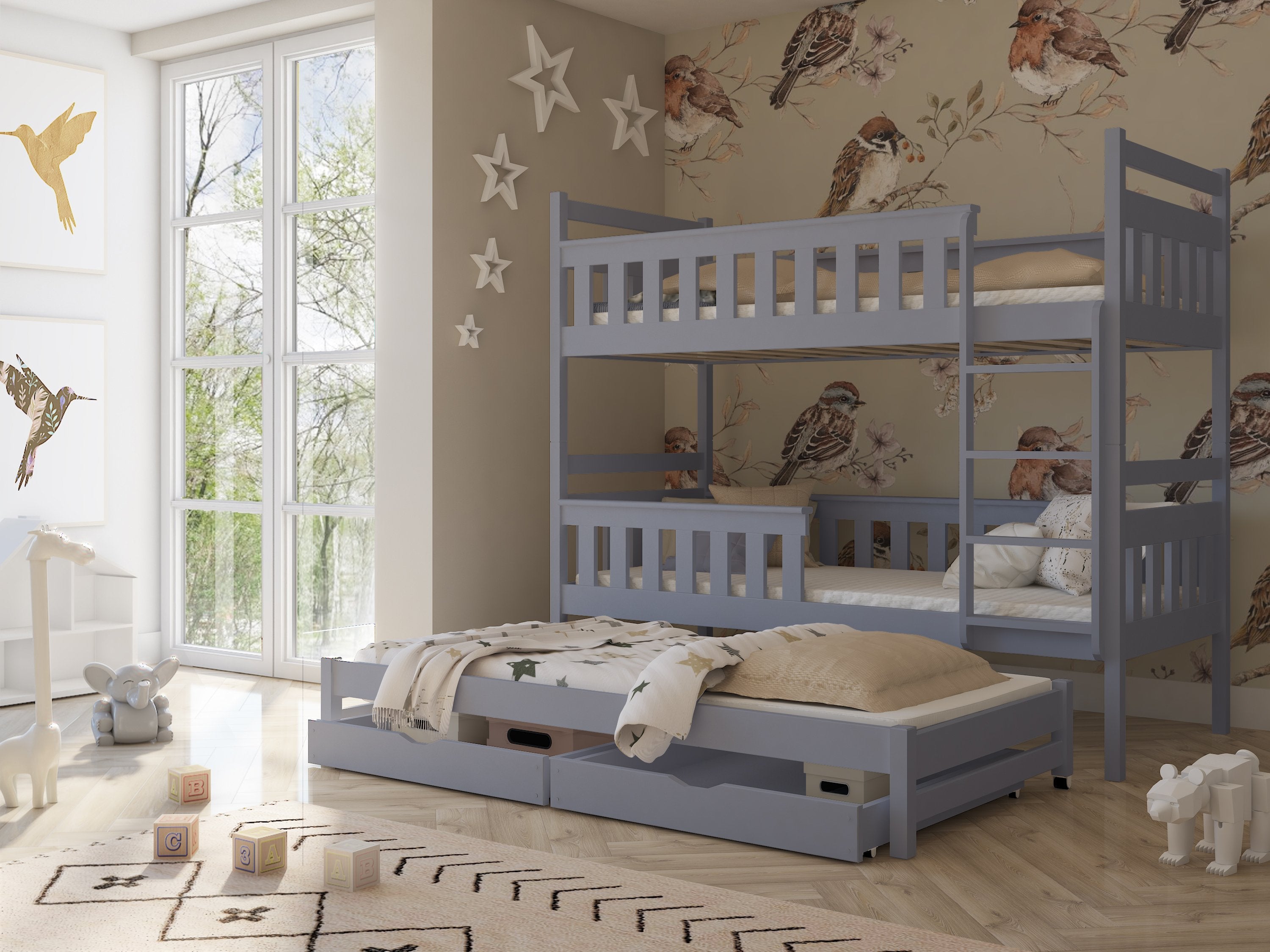 View Wooden Bunk Bed Kors with Trundle and Storage Grey Matt Foam Mattresses information