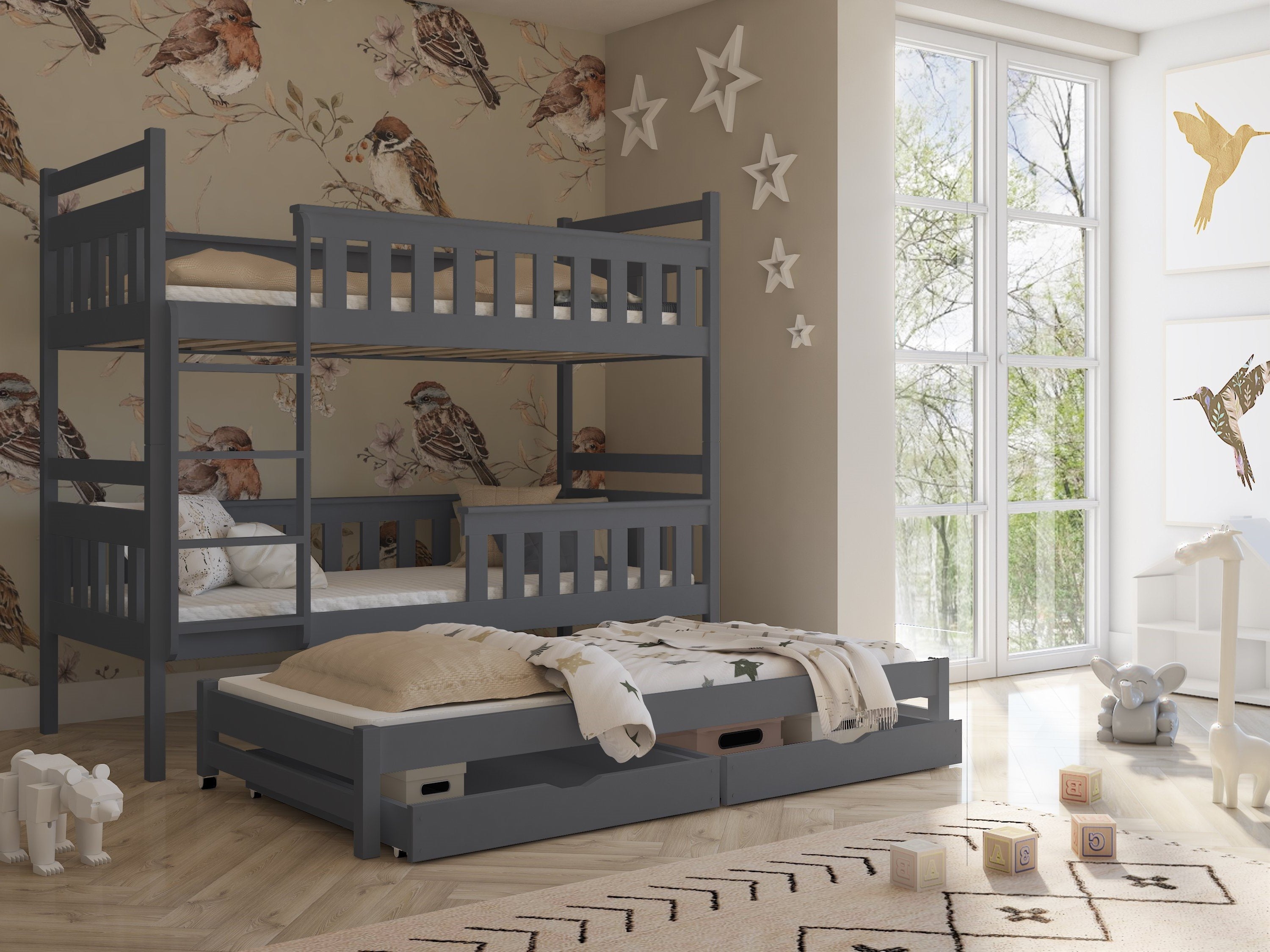 View Wooden Bunk Bed Kors with Trundle and Storage Graphite Without Mattresses information
