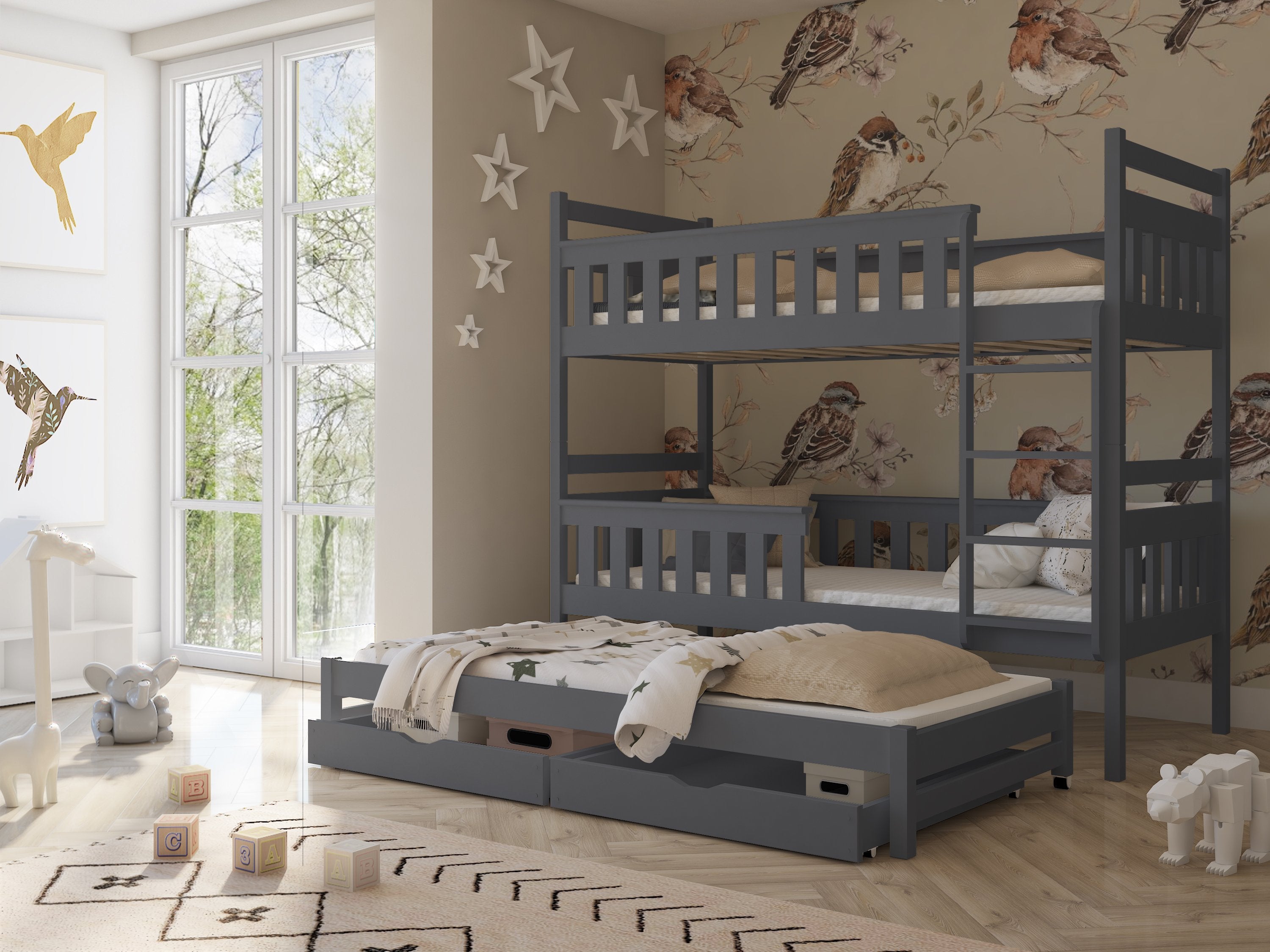 View Wooden Bunk Bed Kors with Trundle and Storage Graphite Foam Mattresses information
