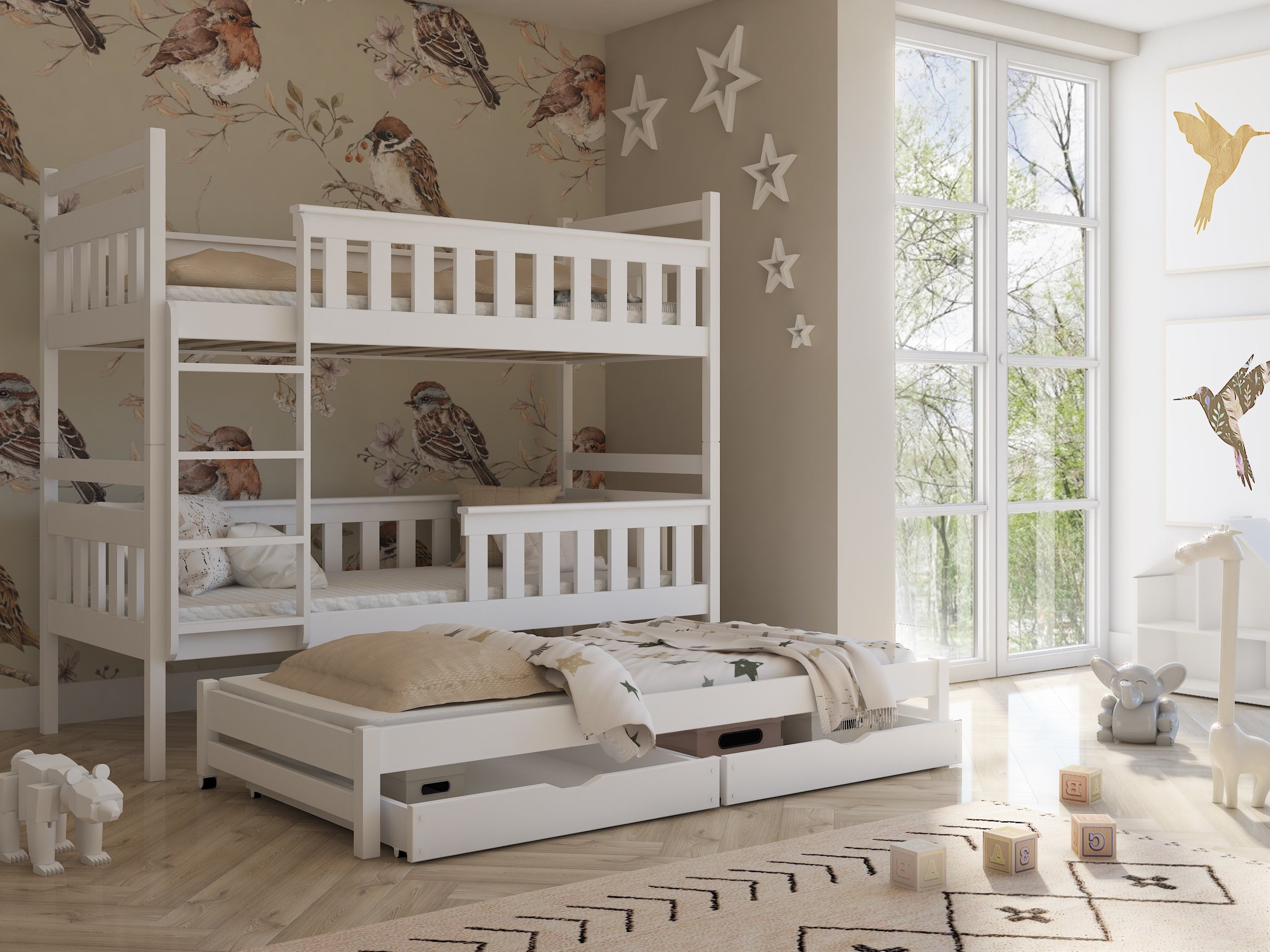 View Wooden Bunk Bed Kors with Trundle and Storage White Matt Without Mattresses information