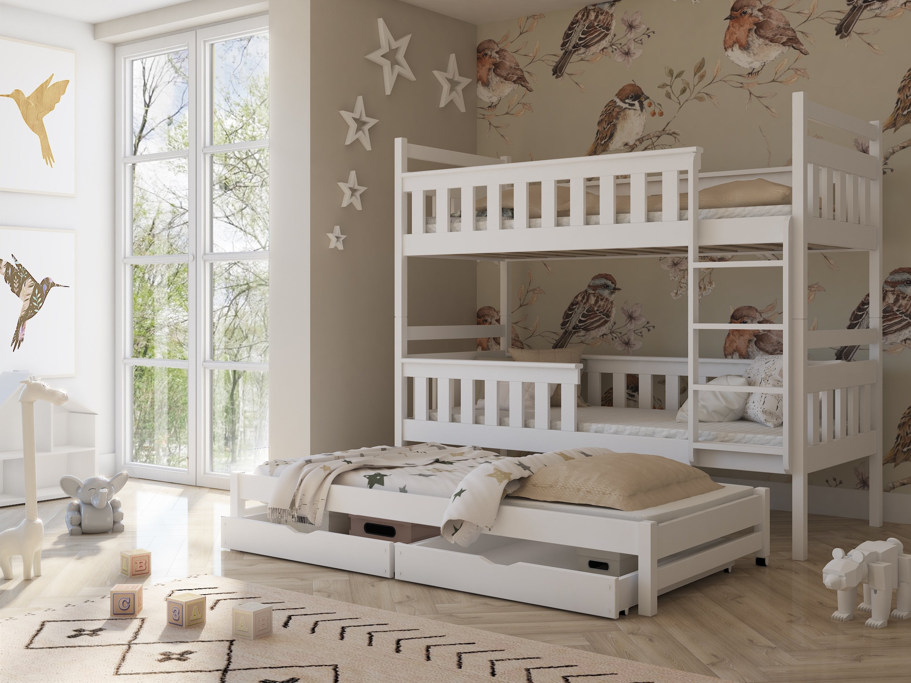 View Wooden Bunk Bed Kors with Trundle and Storage White Matt Foam Mattresses information