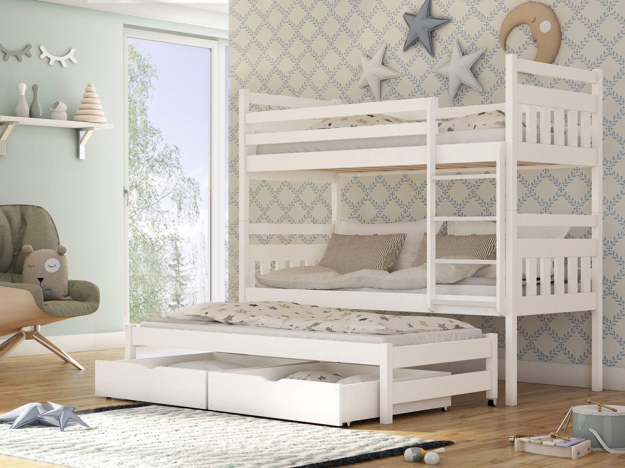 View Wooden Bunk Bed Seweryn with Trundle and Storage White Matt Foam Mattresses information