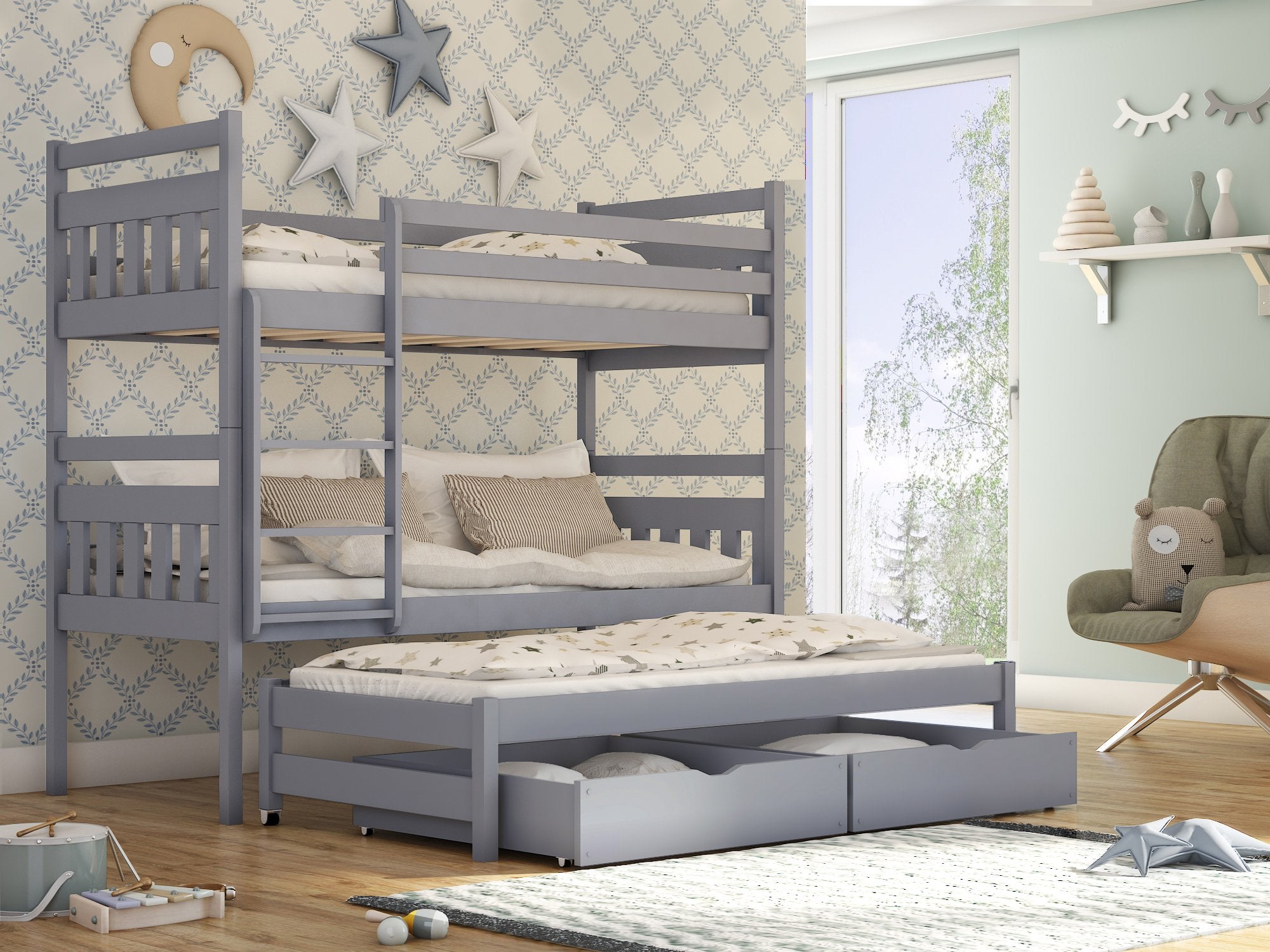 View Wooden Bunk Bed Seweryn with Trundle and Storage Grey Matt FoamBonnell Mattresses information