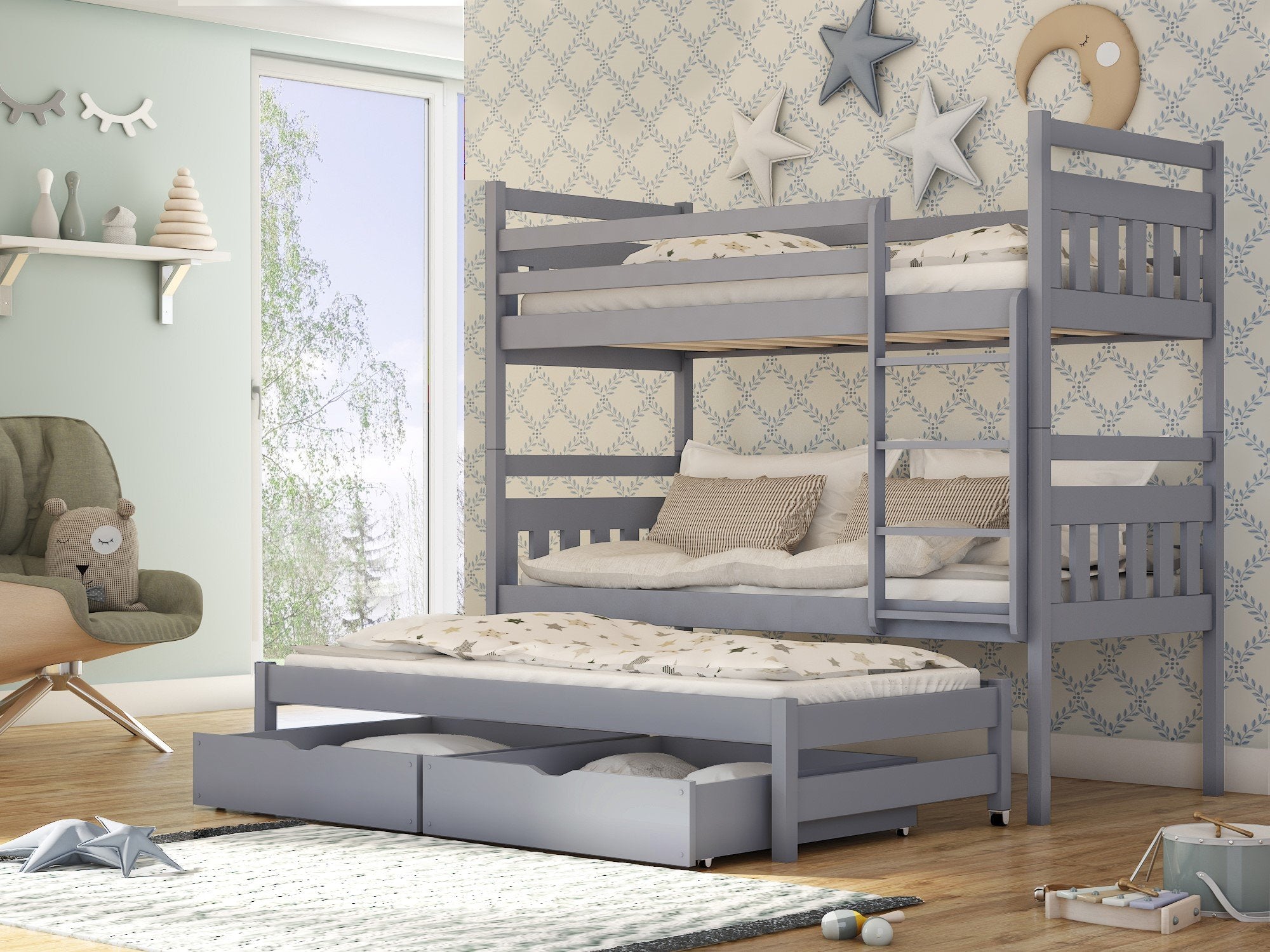 View Wooden Bunk Bed Seweryn with Trundle and Storage Grey Matt Foam Mattresses information