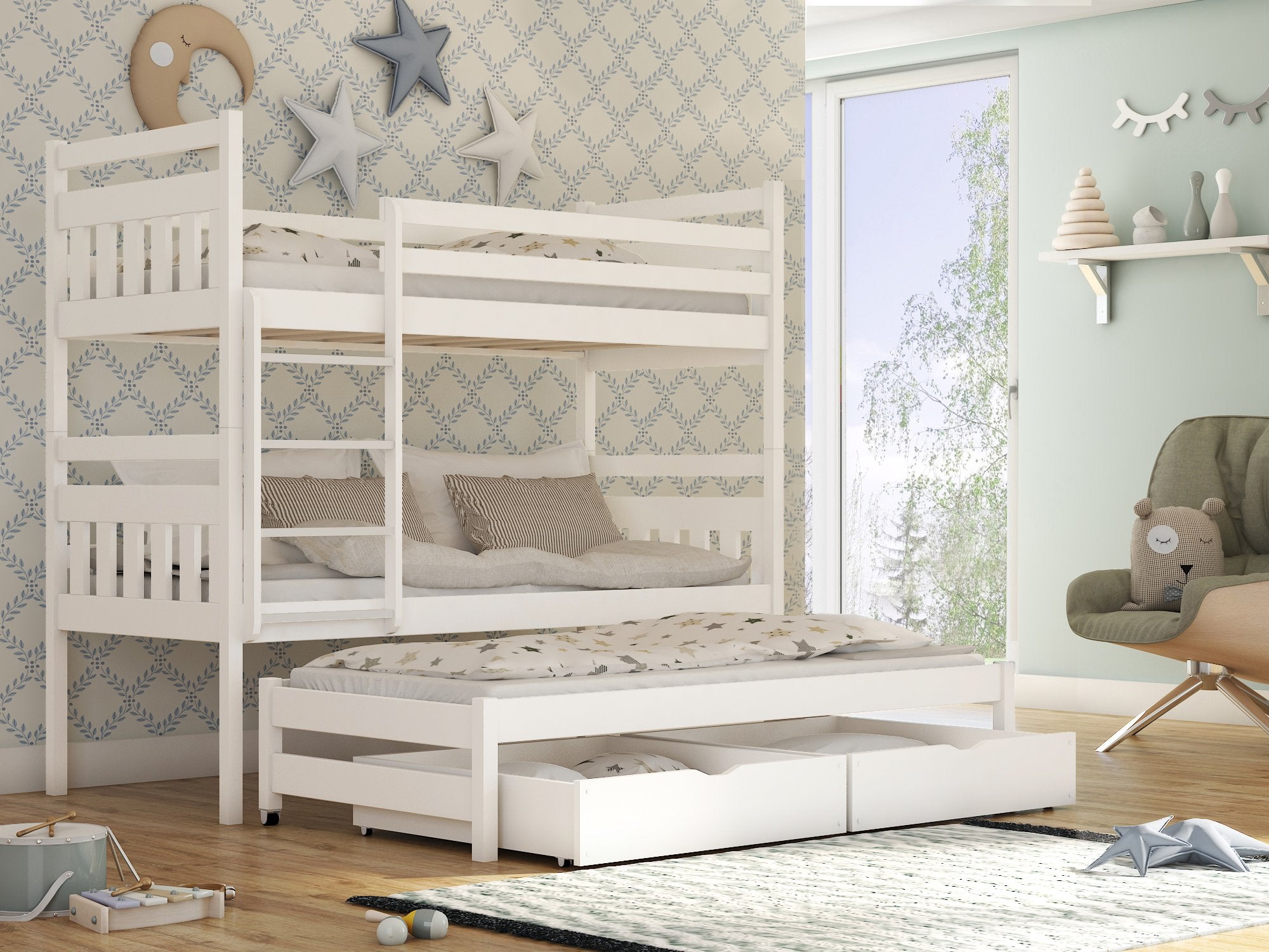 View Wooden Bunk Bed Seweryn with Trundle and Storage White Matt Without Mattresses information