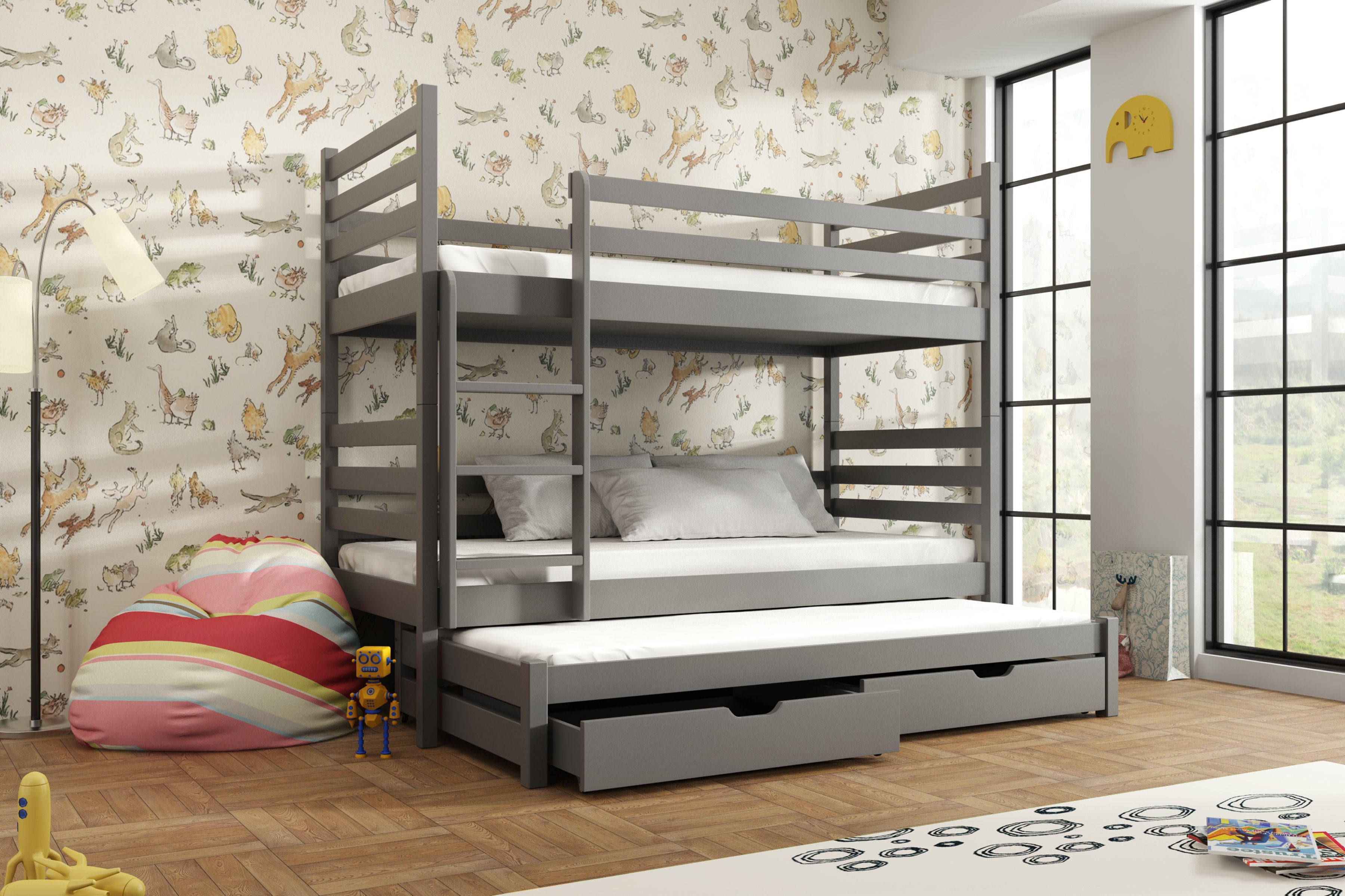 View Wooden Bunk Bed Tomi with Trundle and Storage Graphite Without Mattresses information