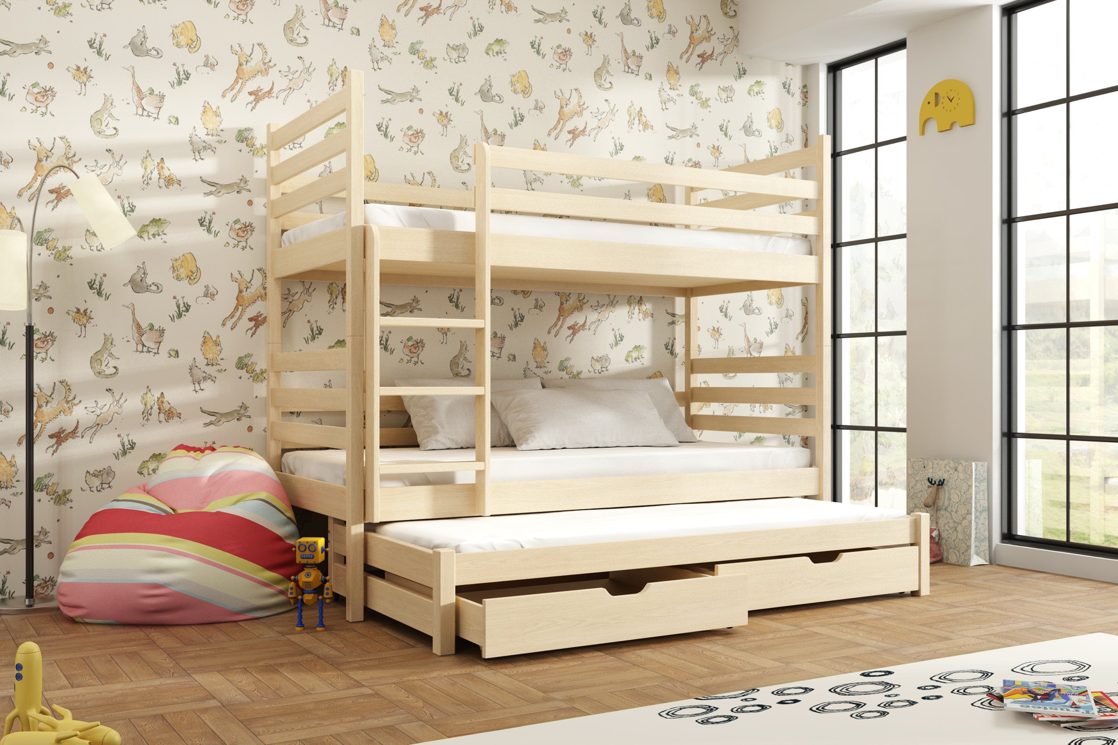 View Wooden Bunk Bed Tomi with Trundle and Storage Pine Without Mattresses information