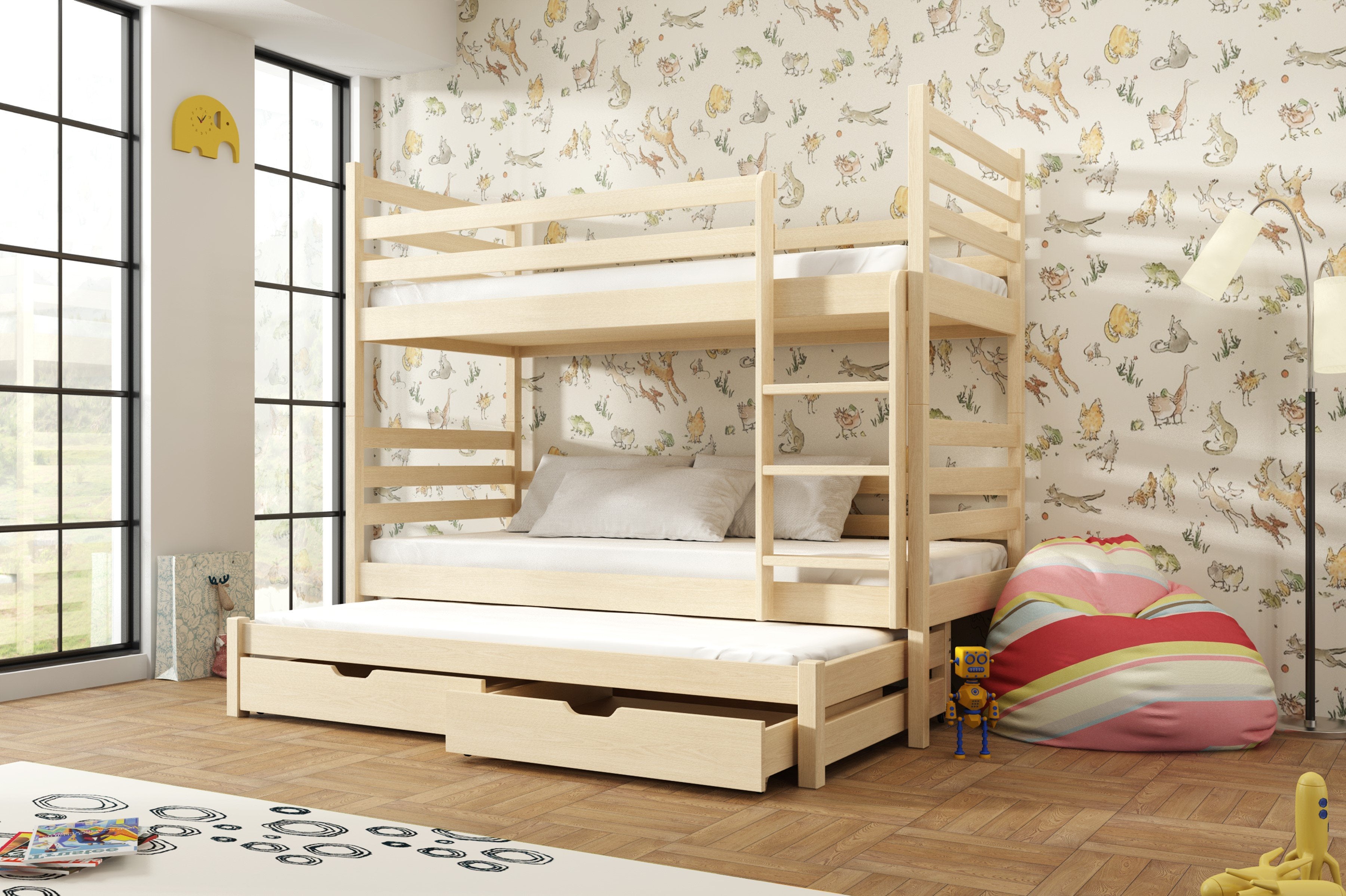 View Wooden Bunk Bed Tomi with Trundle and Storage Pine Foam Mattresses information