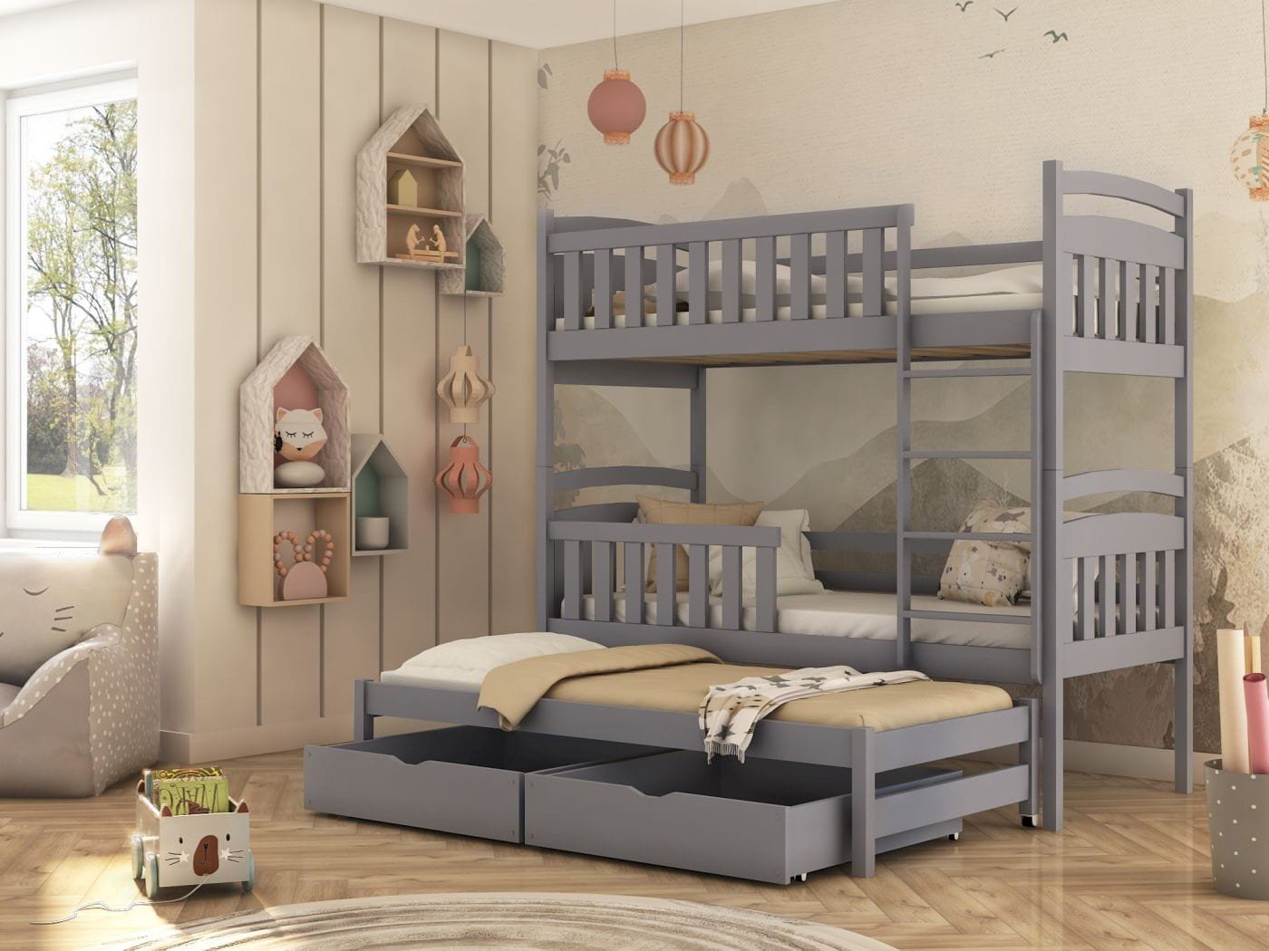 View Wooden Bunk Bed Viki with Trundle and Storage Grey Matt Foam Mattresses information