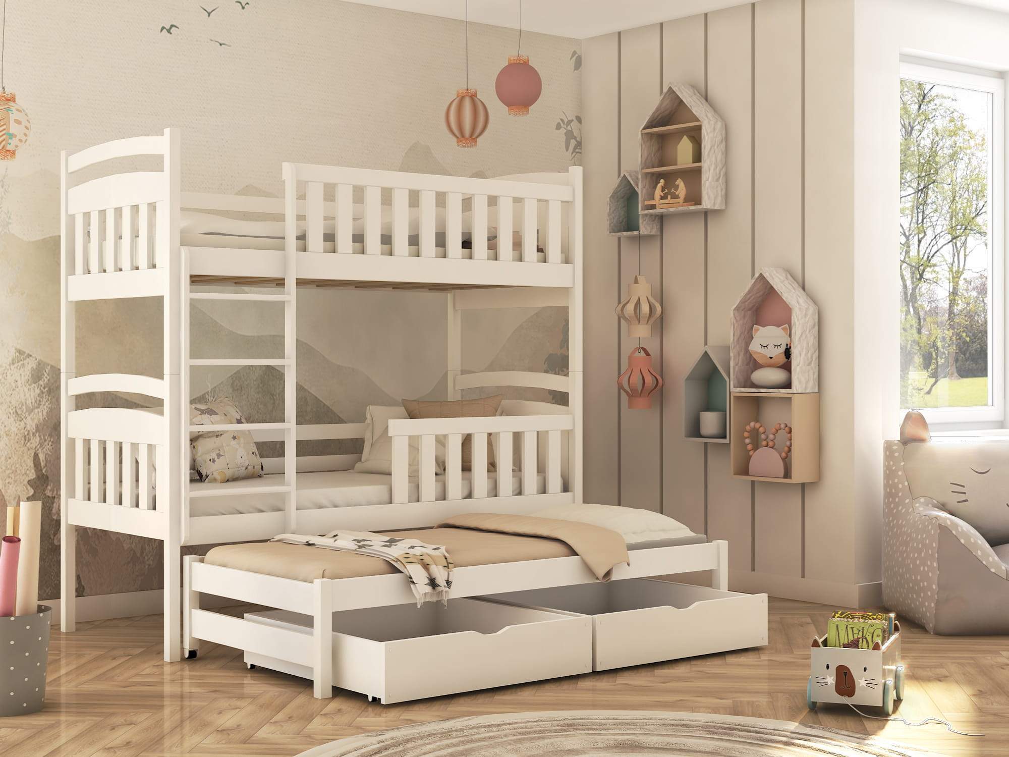 View Wooden Bunk Bed Viki with Trundle and Storage White Matt Without Mattresses information
