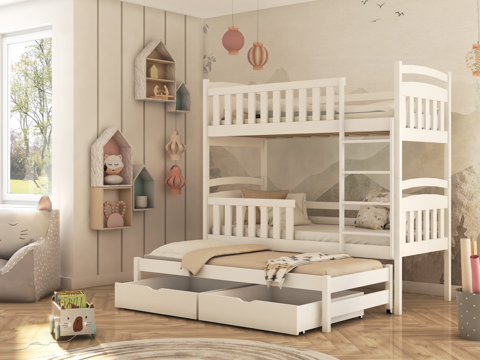 View Wooden Bunk Bed Viki with Trundle and Storage White Matt Foam Mattresses information