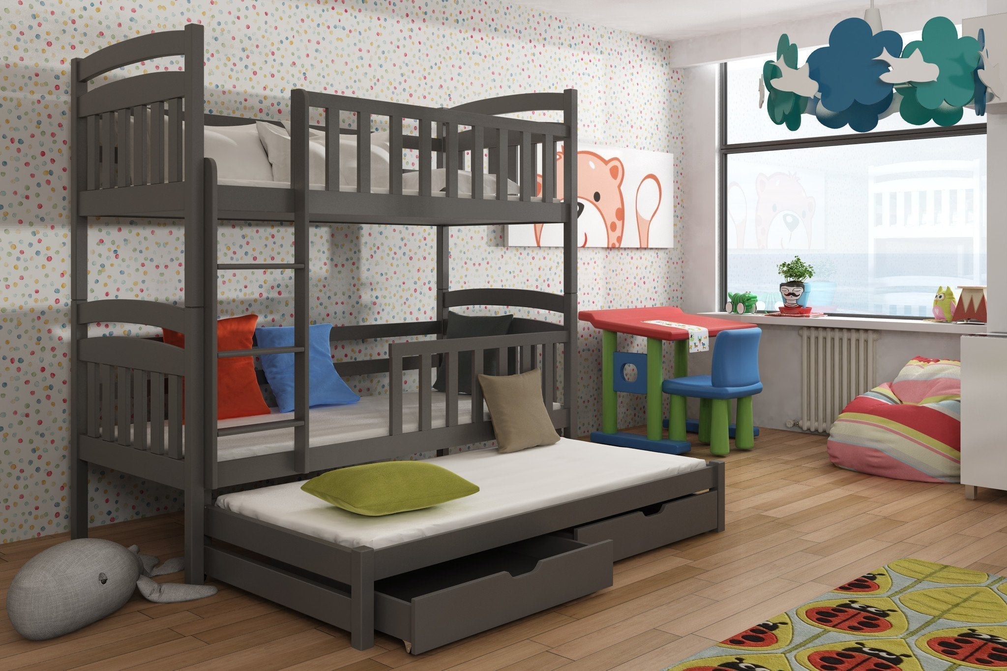 View Wooden Bunk Bed Viki with Trundle and Storage Graphite FoamBonnell Mattresses information