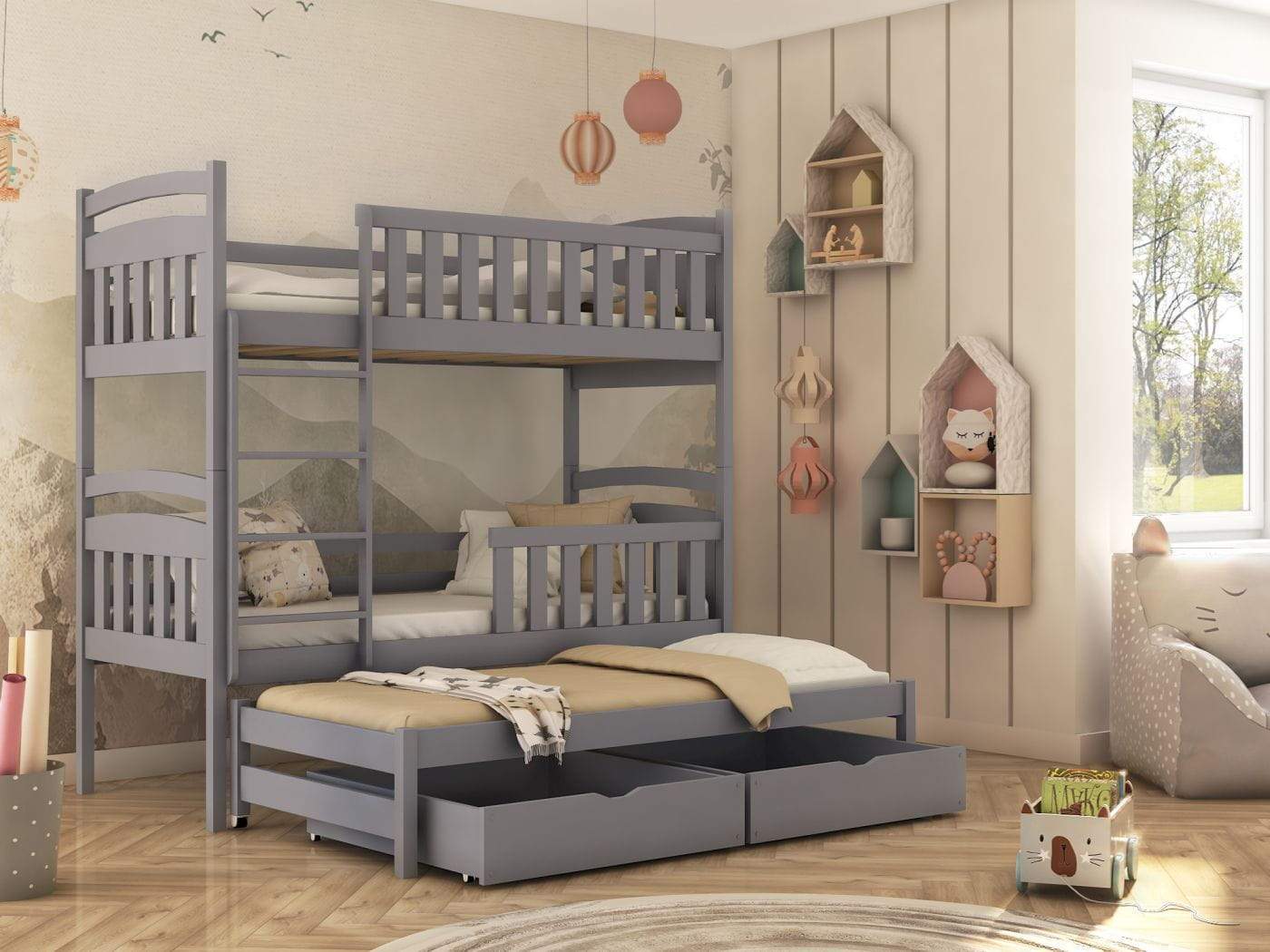 View Wooden Bunk Bed Viki with Trundle and Storage Grey Matt Without Mattresses information