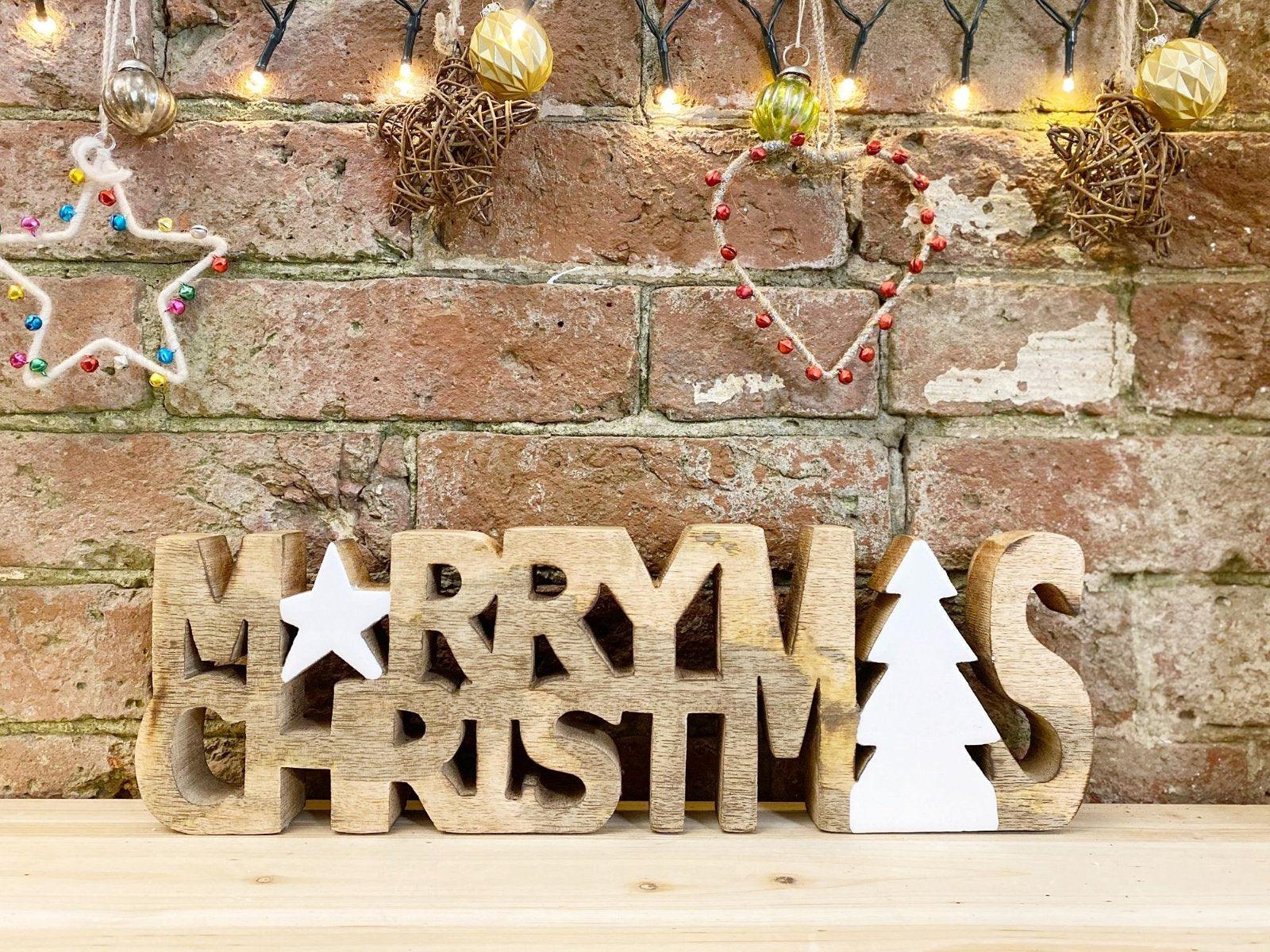 View Wooden Carved Merry Christmas Word Ornament information