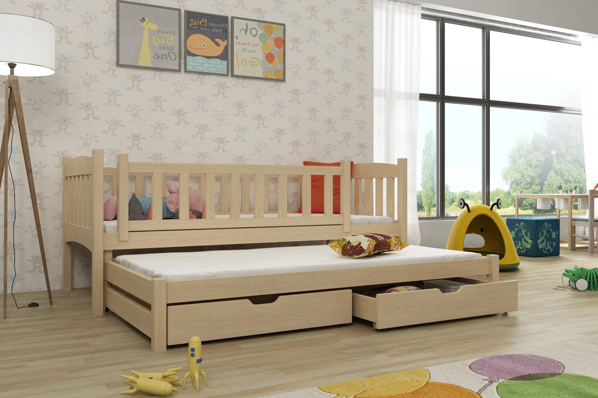 View Wooden Double Bed Amelka with Trundle and Storage Pine Without Mattresses information