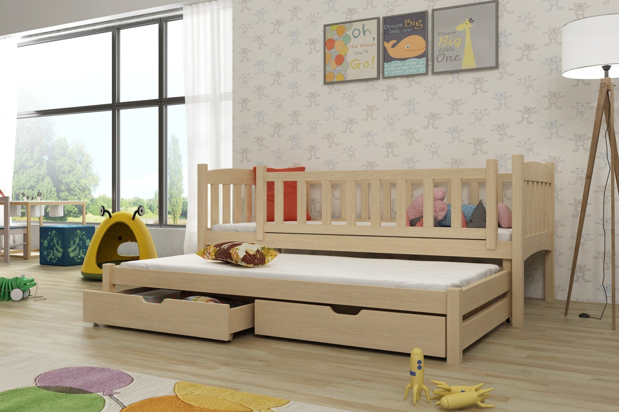 View Wooden Double Bed Amelka with Trundle and Storage Pine Foam Mattresses information