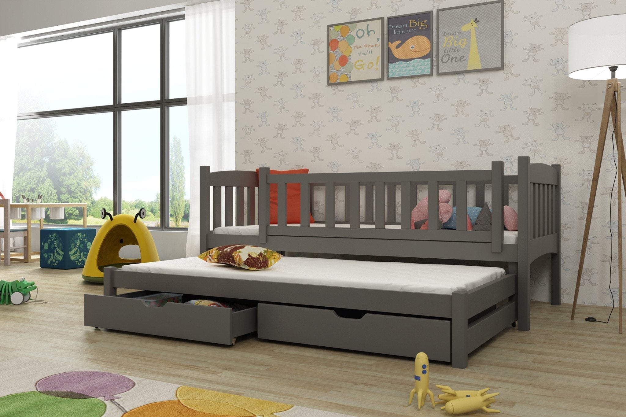 View Wooden Double Bed Amelka with Trundle and Storage Graphite Foam Mattresses information