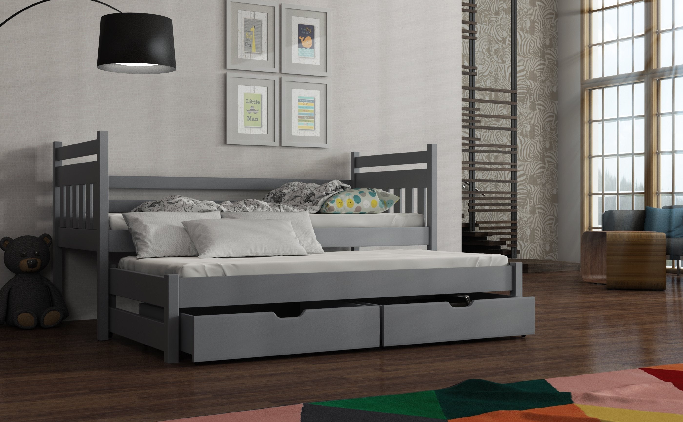View Wooden Double Bed Daniel with Trundle and Storage Grey Matt Without Mattresses information