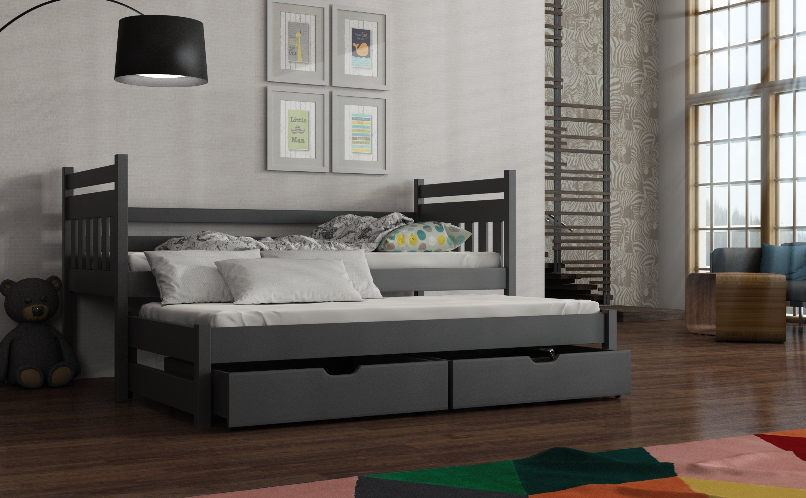 View Wooden Double Bed Daniel with Trundle and Storage Graphite Foam Mattresses information