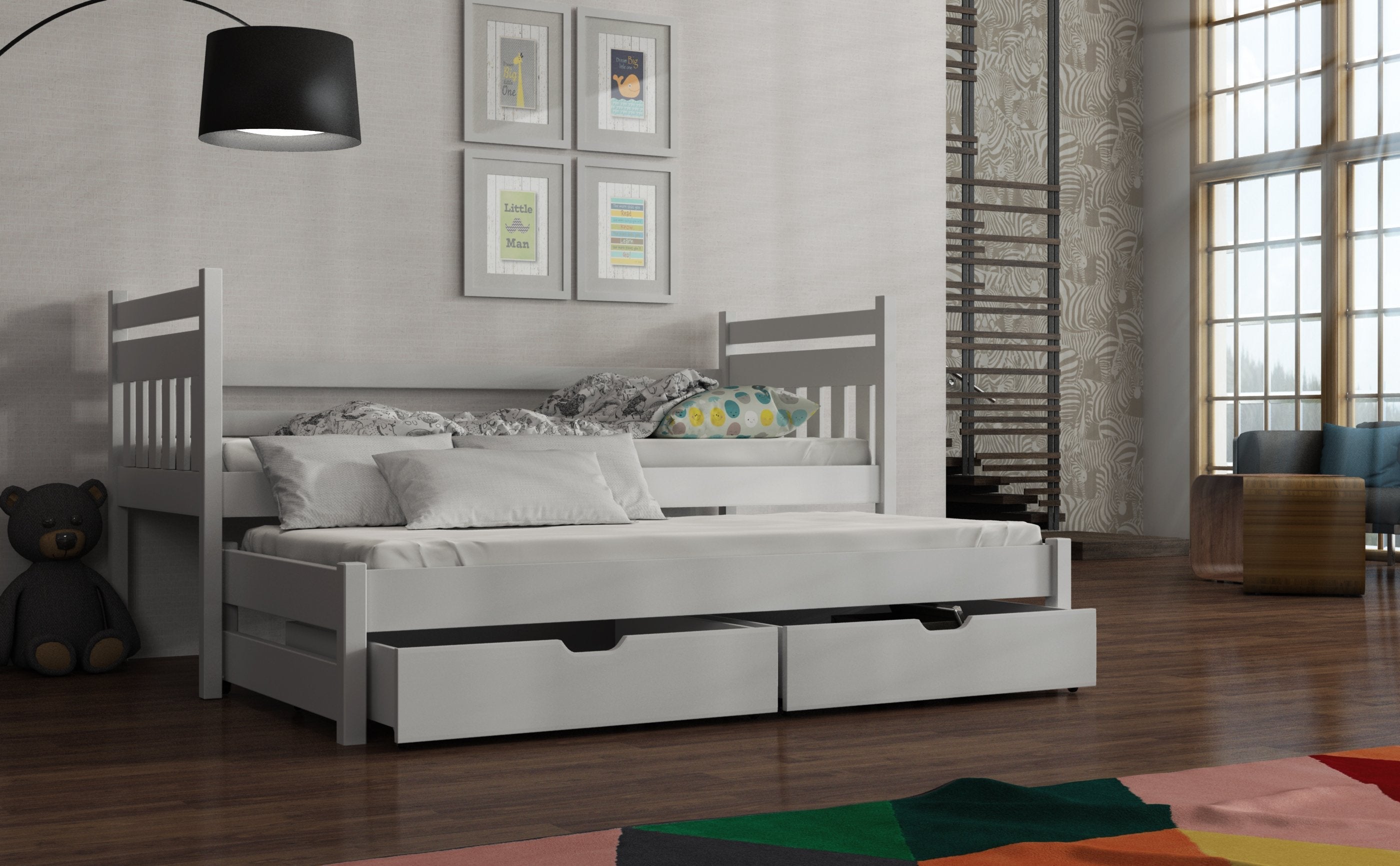 View Wooden Double Bed Daniel with Trundle and Storage White Matt Foam Mattresses information