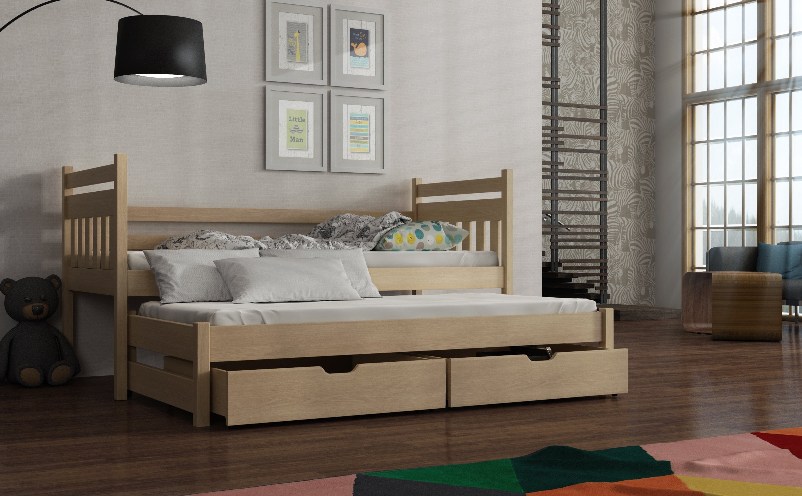 View Wooden Double Bed Daniel with Trundle and Storage Pine Foam Mattresses information