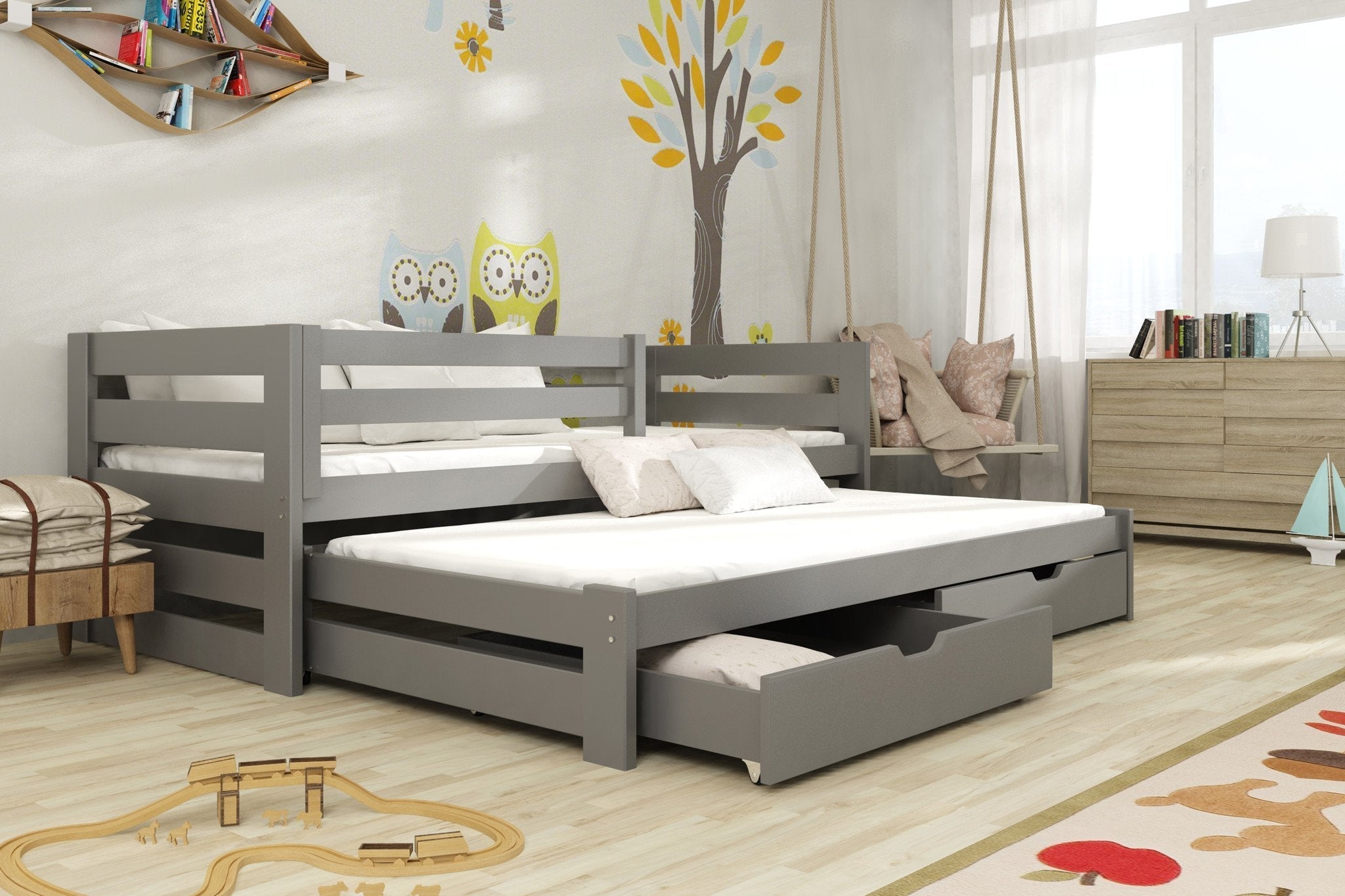 View Wooden Double Bed Kubus with Trundle and Storage Graphite Without Mattresses information