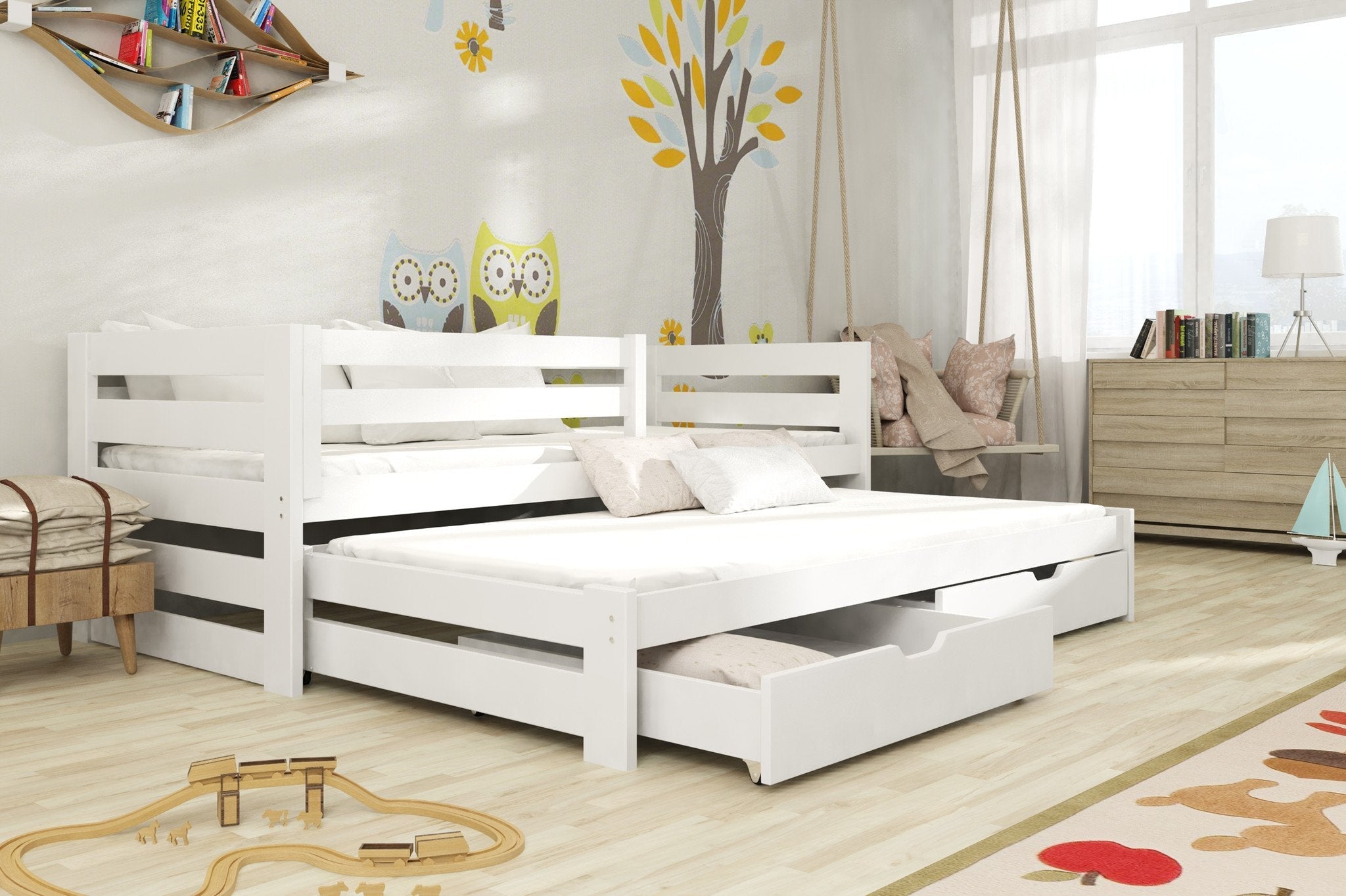 View Wooden Double Bed Kubus with Trundle and Storage White Matt Without Mattresses information