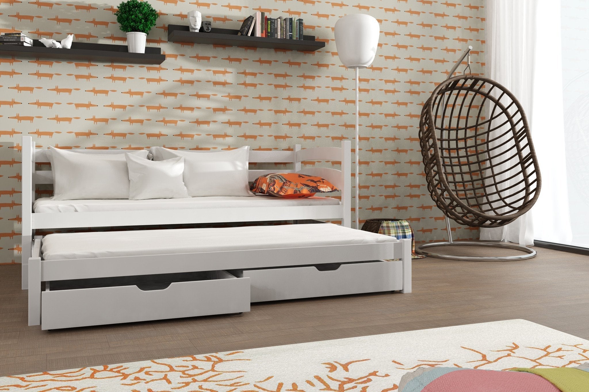 View Wooden Double Bed Tosia with Trundle and Storage White Matt Without Mattresses information