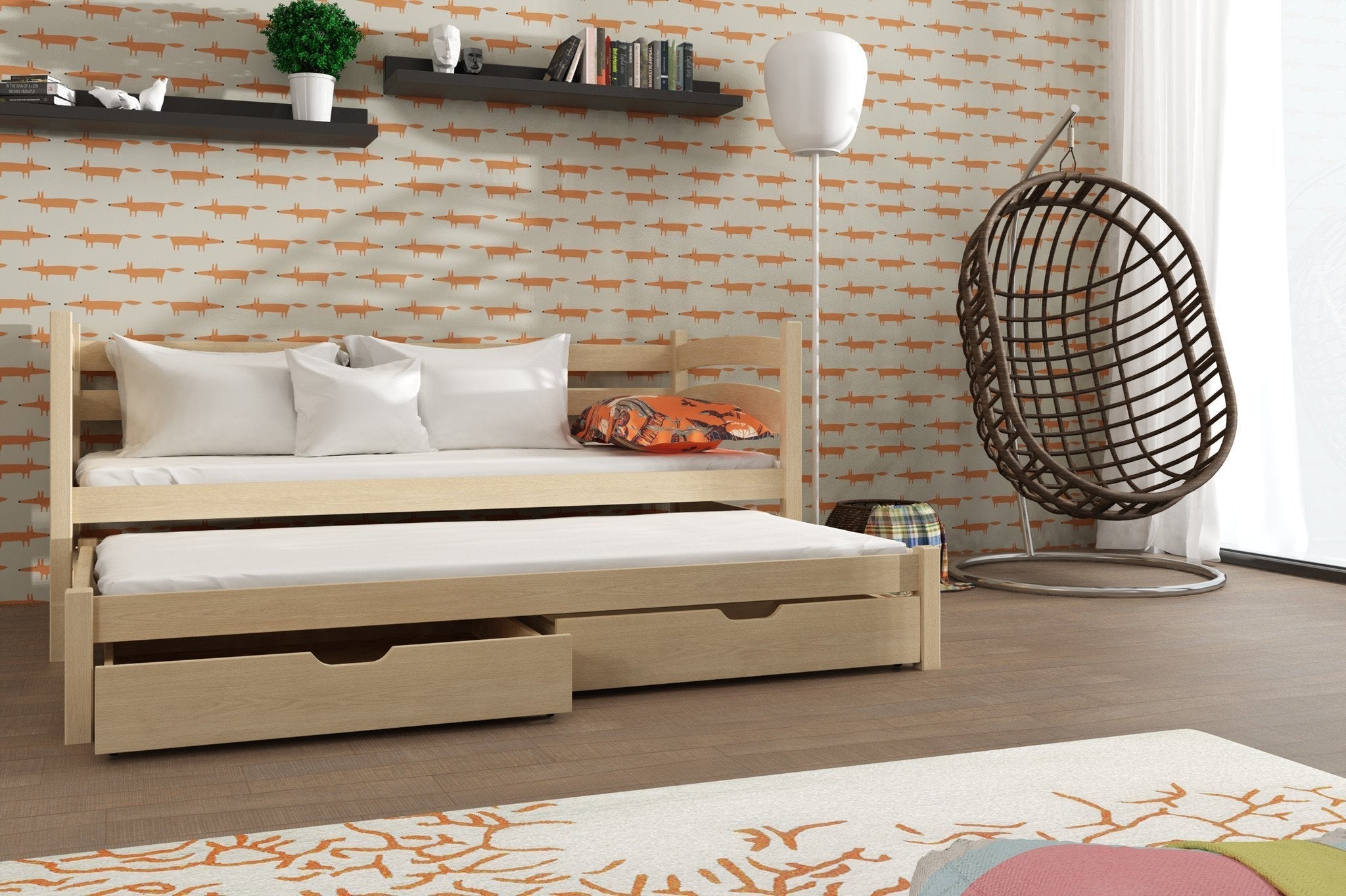 View Wooden Double Bed Tosia with Trundle and Storage Pine Foam Mattresses information