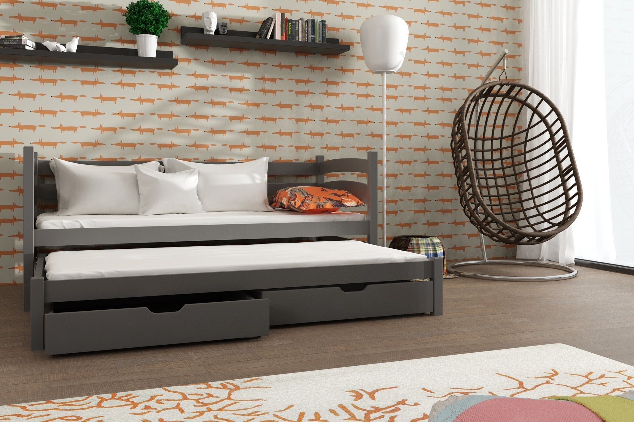 View Wooden Double Bed Tosia with Trundle and Storage Graphite Without Mattresses information