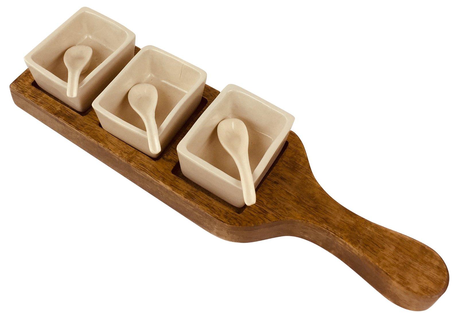 View Wooden Tray With Dip Bowls Spoons 36cm information