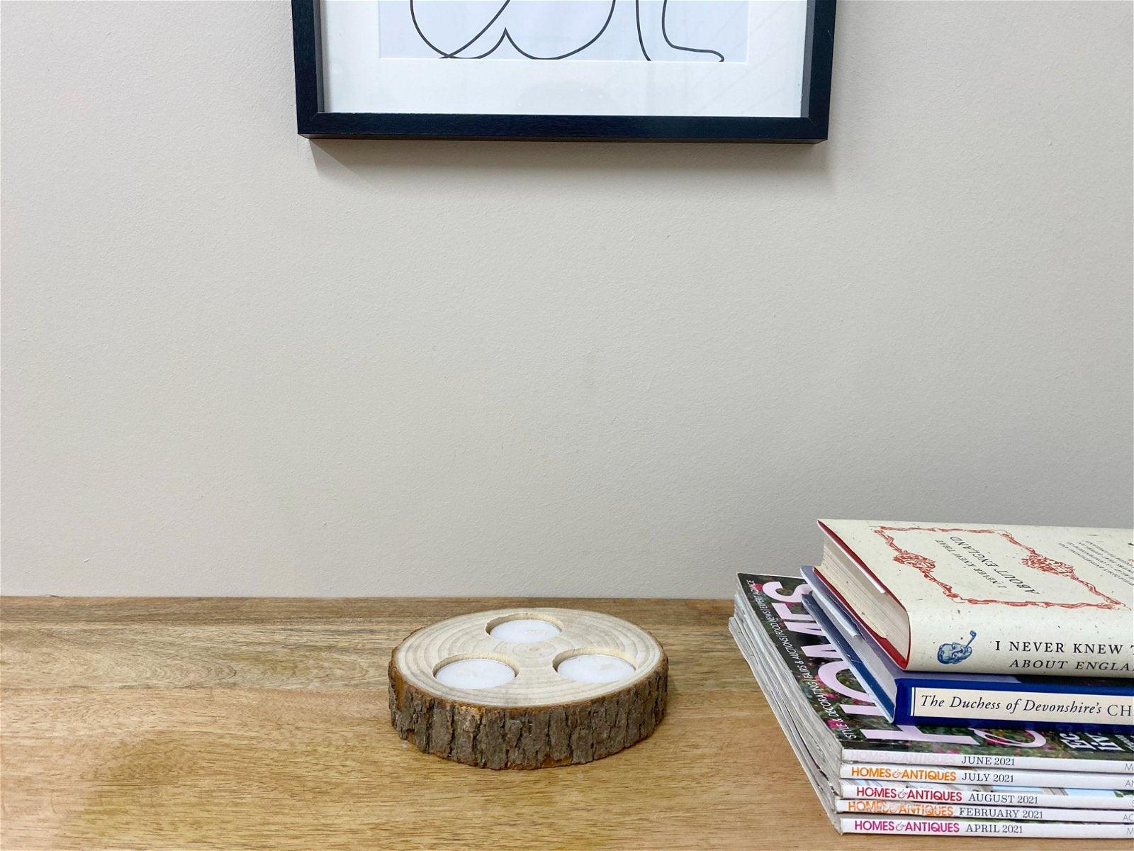 View Wooden Triple Tealight Holder with Bark Detail information