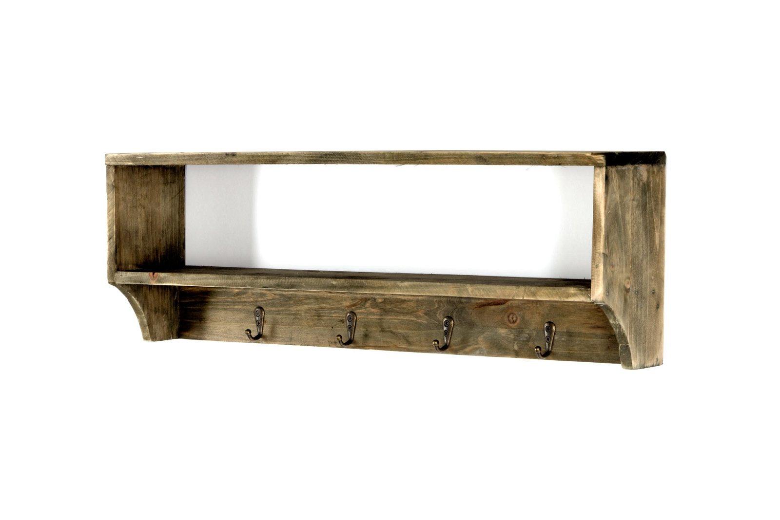 View Wooden Wall Shelf with 4 Hooks 54 x 10 x 18 cm information