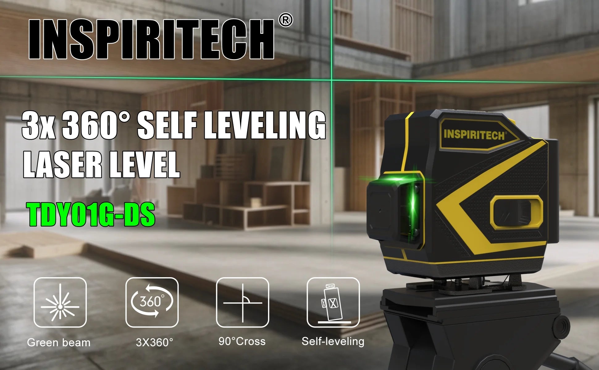 Inspiritech 3x360° Self Leveling Laser Level - 3D Green Beam Cross Line Lasers for Construction - Two 360° Vertical and One 360° Horizontal Line 