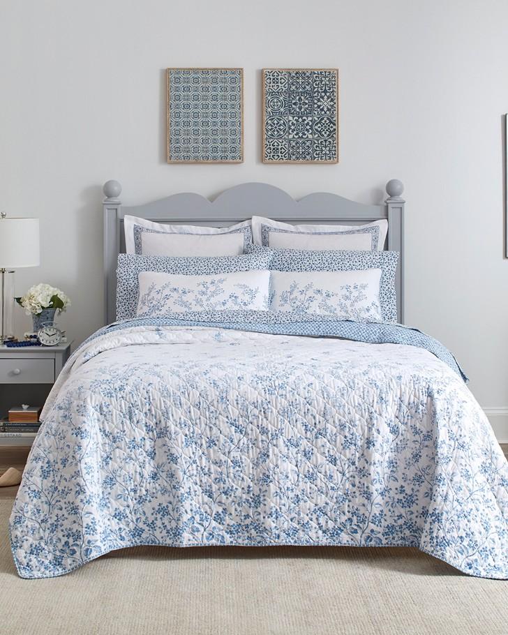 Laura Ashley Kenna Blue Floral 100% Cotton Reversible Quilt Set