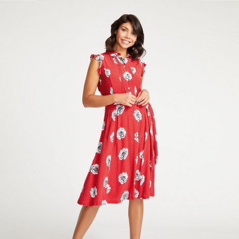 Red Dotty Floral Fit and Flare Dress